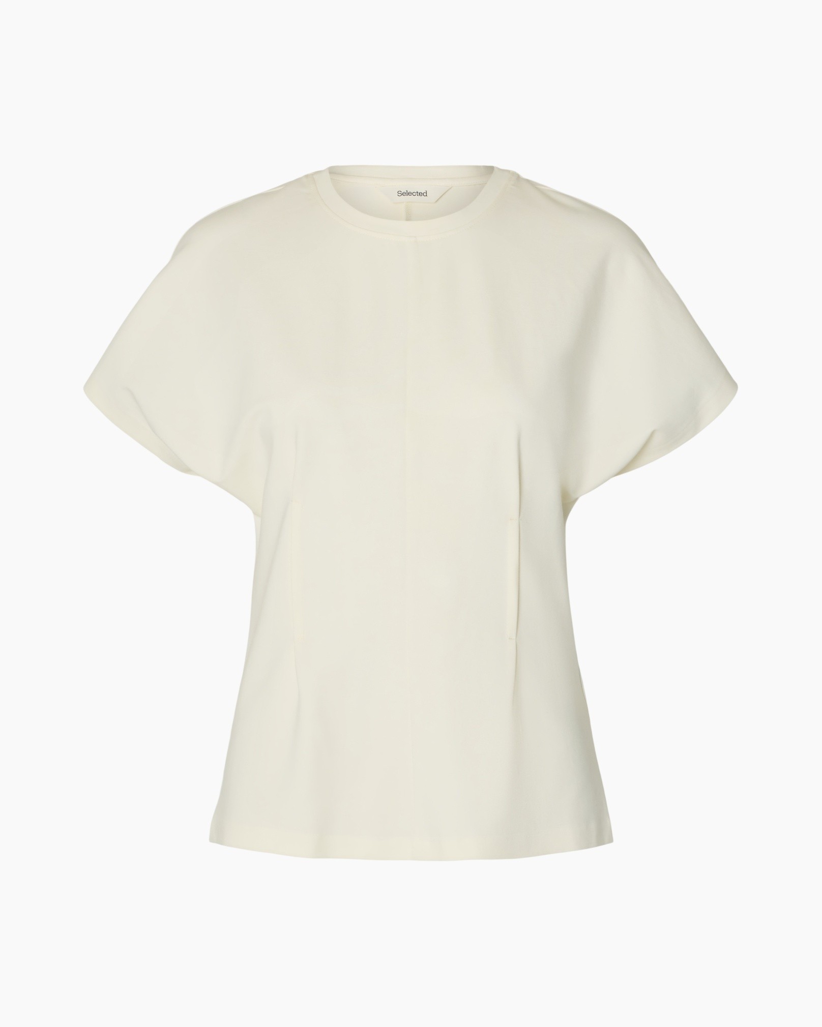 top, t-shirt, creme, korte mouwen, plooidetail