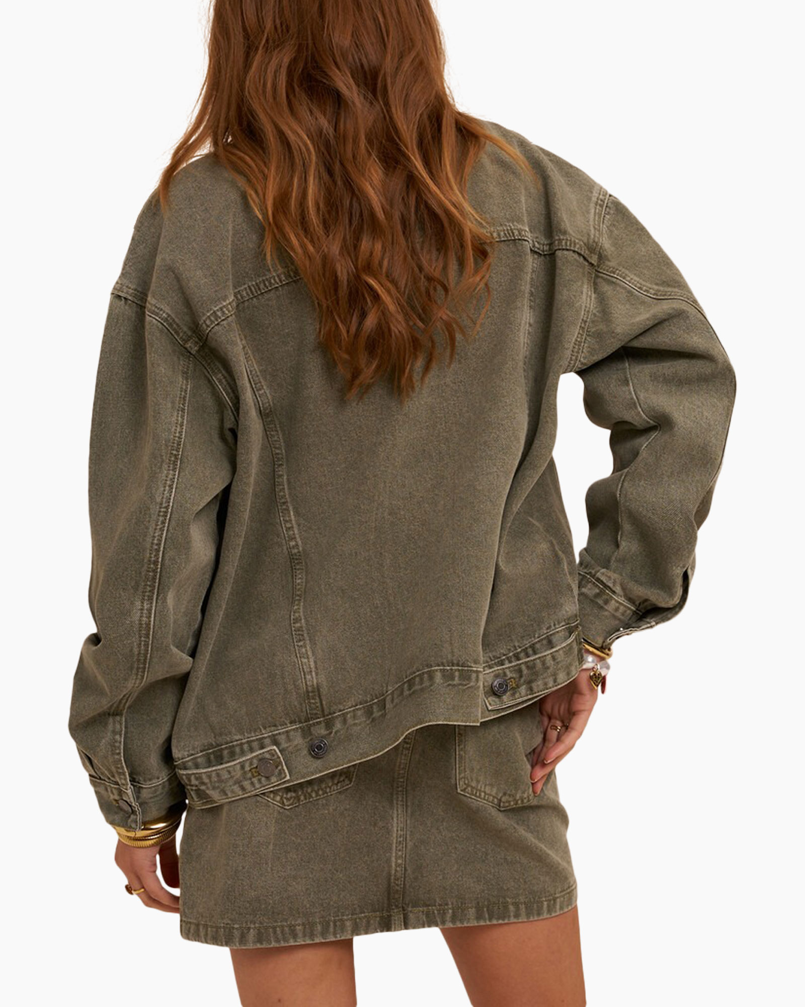 jasje van denim, overSize, olijf groen, lange mouw, rugzicht