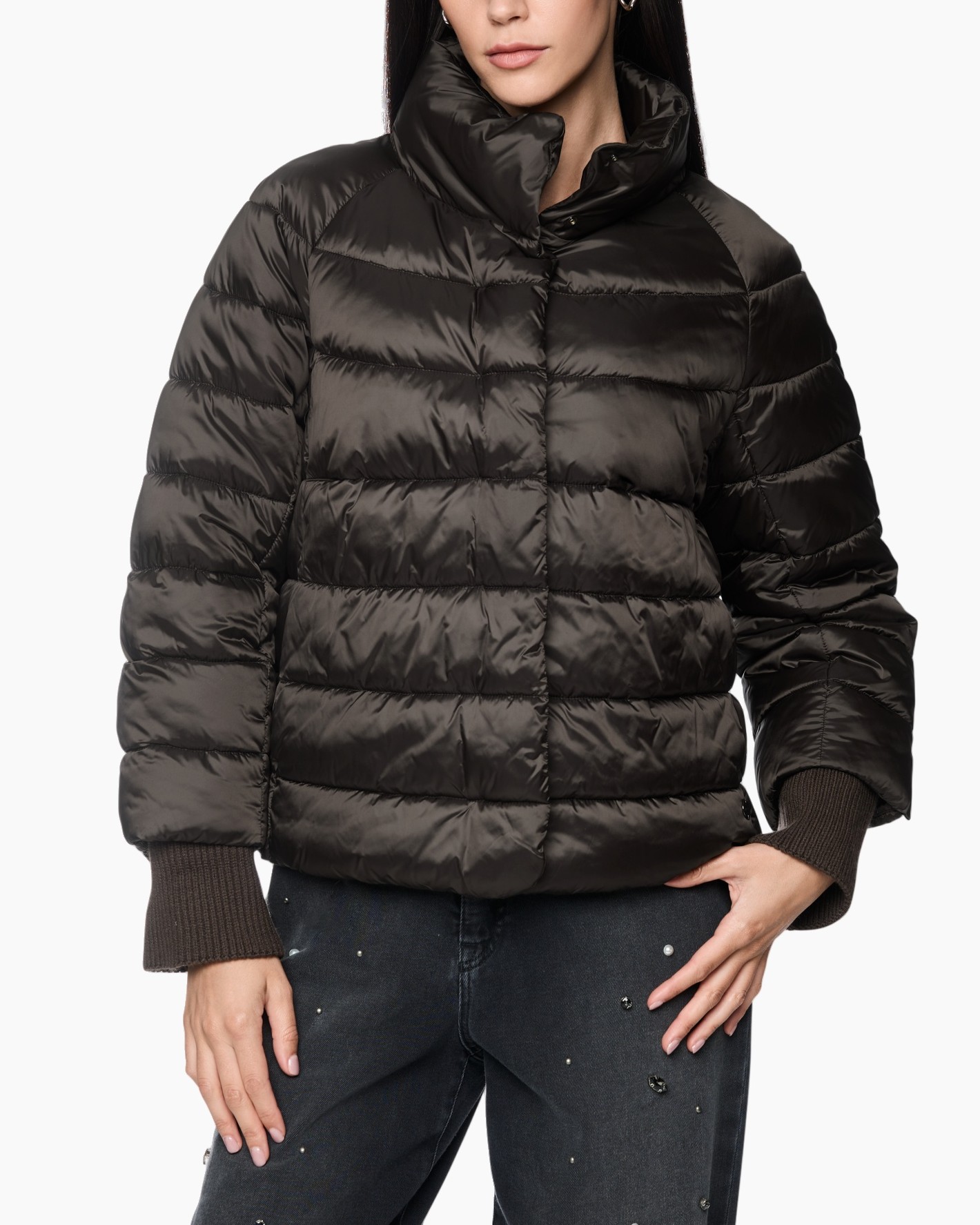 puffer jas, zwart, kraagloos, geribde mouwen, vullingjas