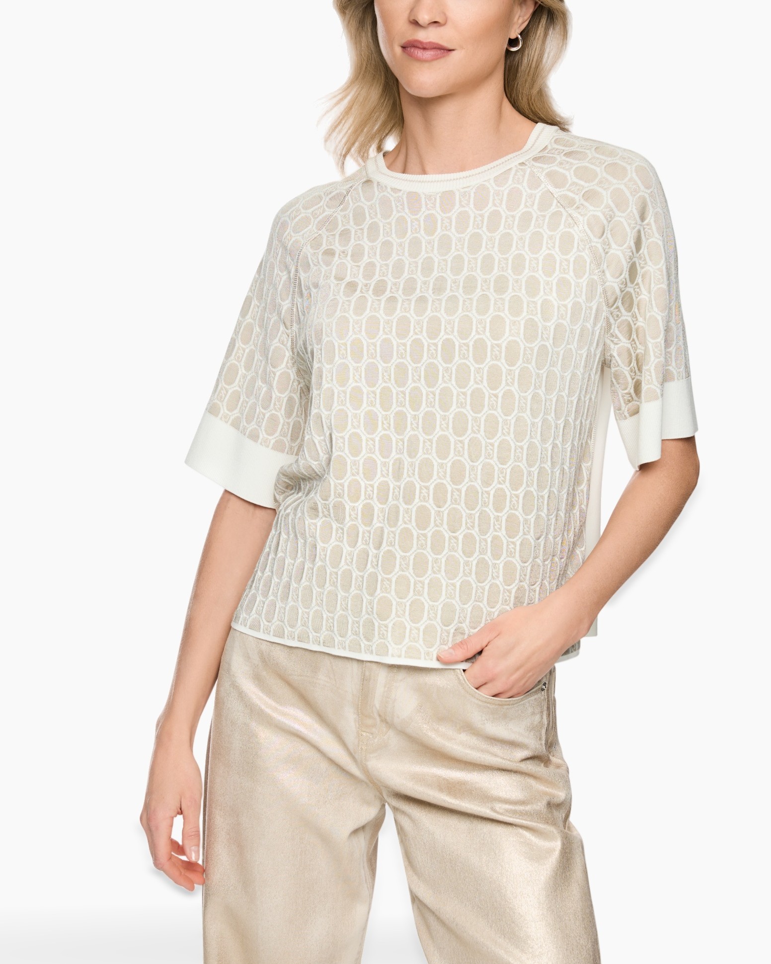 kanttop, gaaspatroon, korte mouw, beige, linnenlook