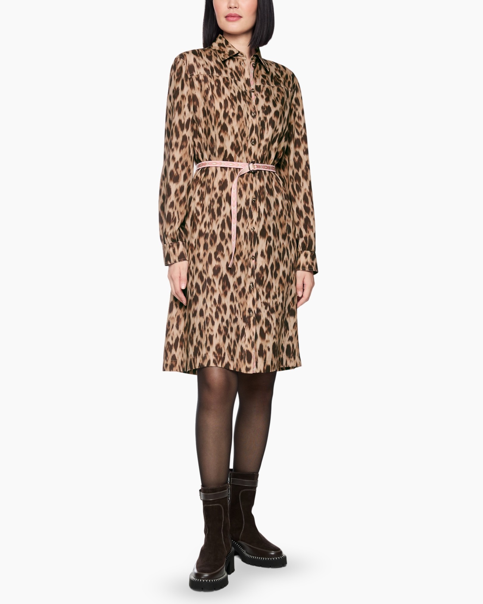 luipaardprint, overslag shirt jurk, ceintuur, lange mouwen, hiplengte