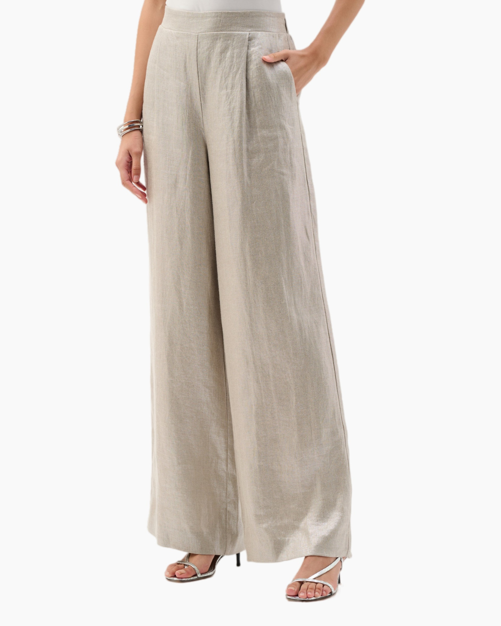 broek, wijd model, linnen, beige, pantalon