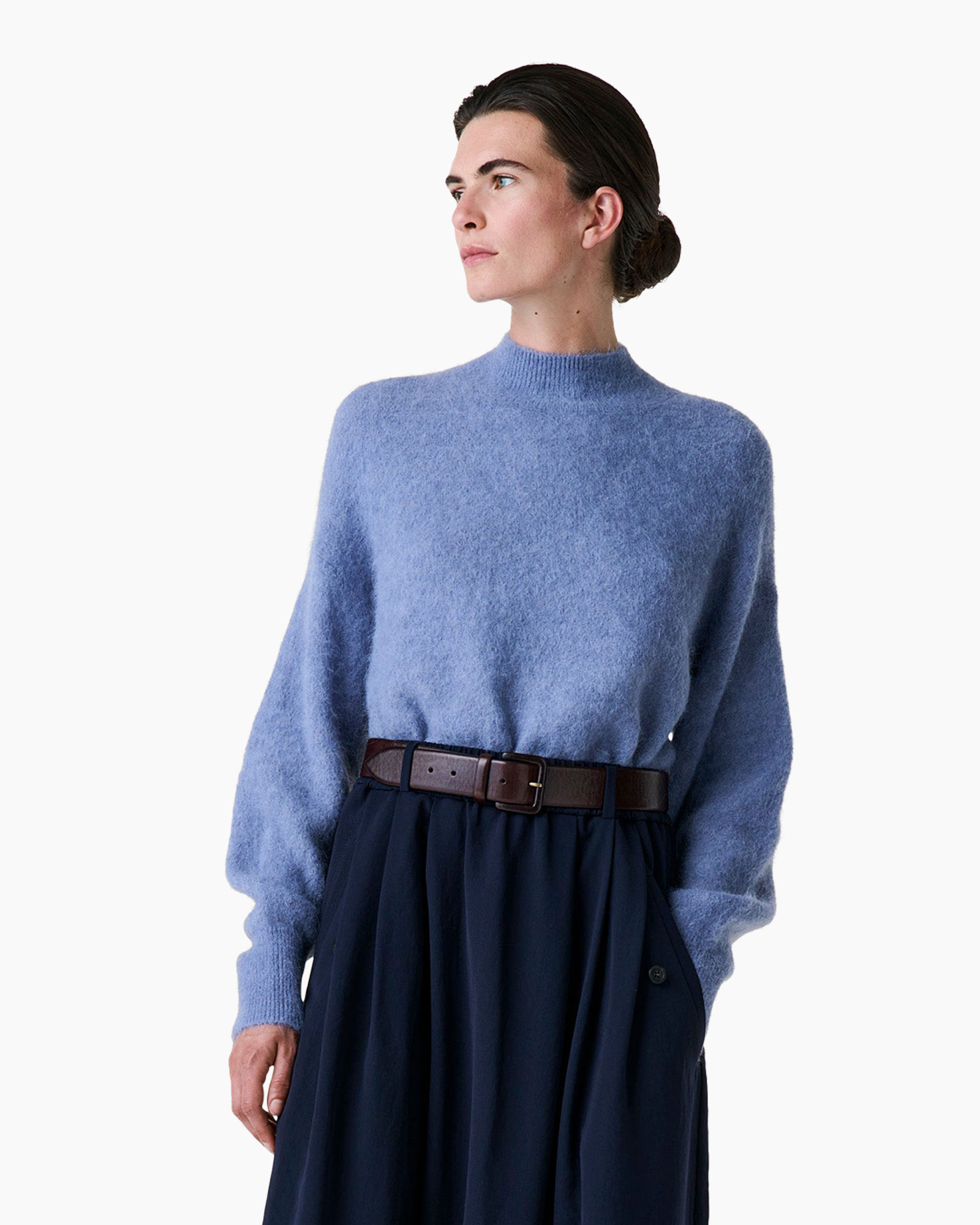 trui, pullover, blauw, breisel, hoge kraag