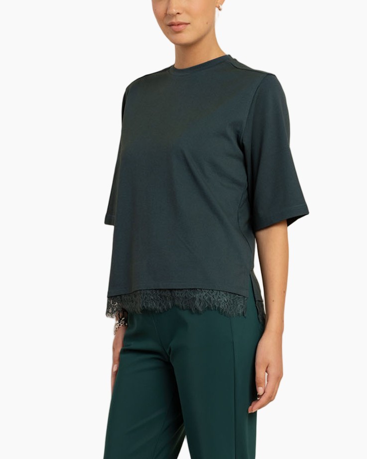 top, t-shirt, lace trim, short sleeves, donkergroen