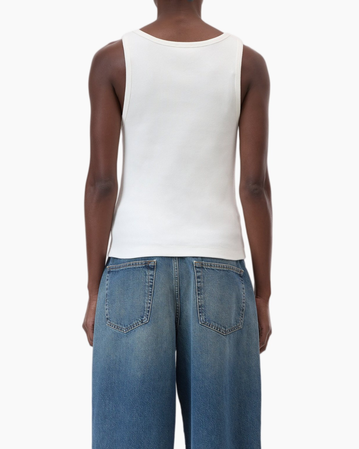 tanktop, wit, mouwloos, ribbel, vrouwen