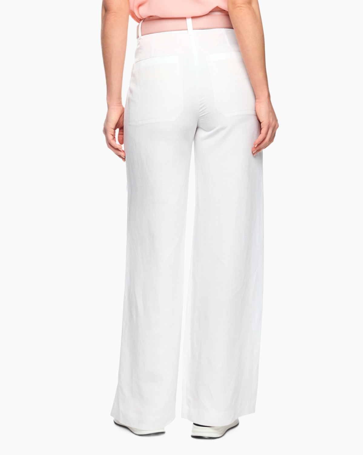 wide-leg pants, white pants, high-waisted, linen-looking, pink jacket accent