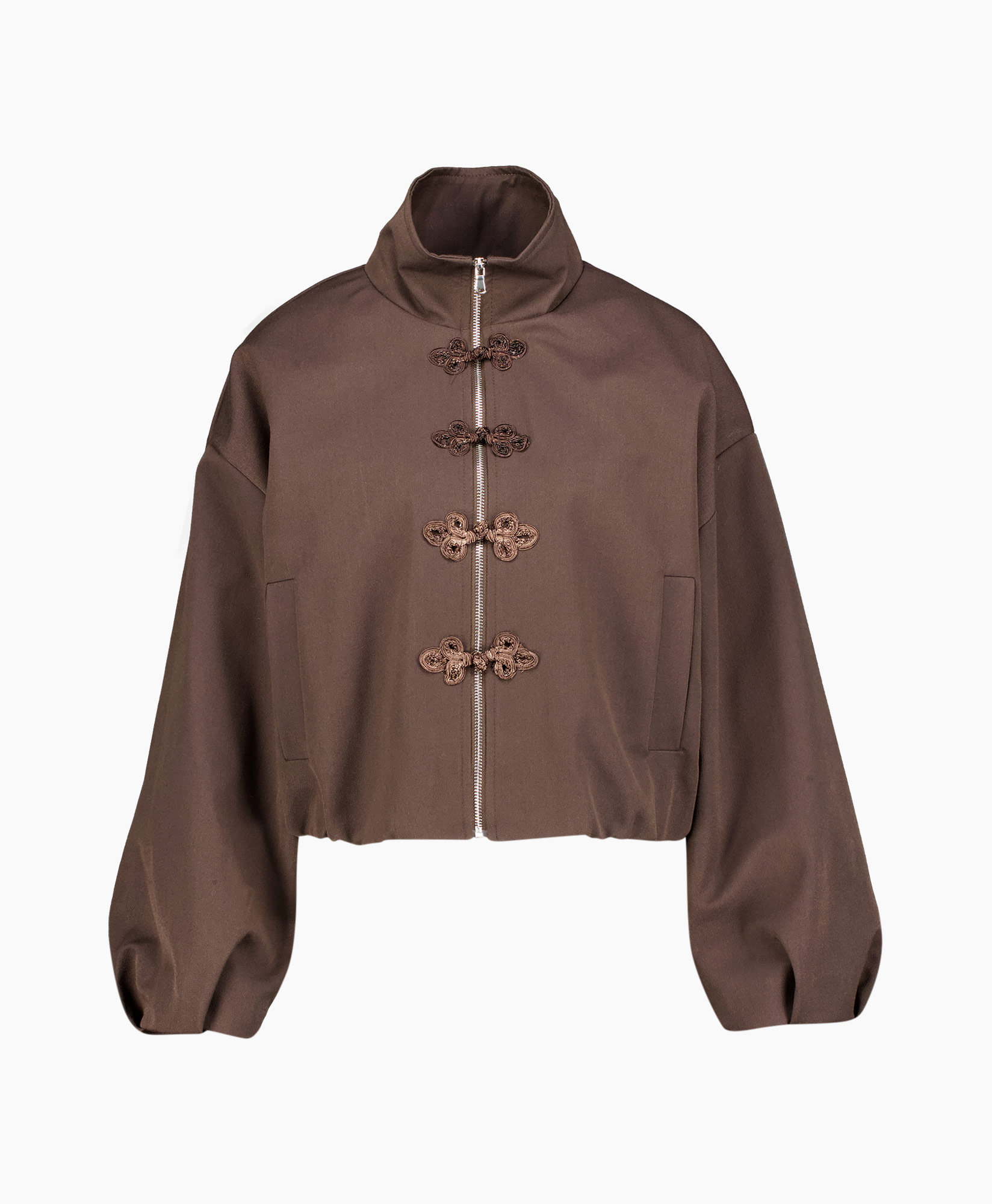 jas, bruin, duffel, knoopjes, pofmouwen