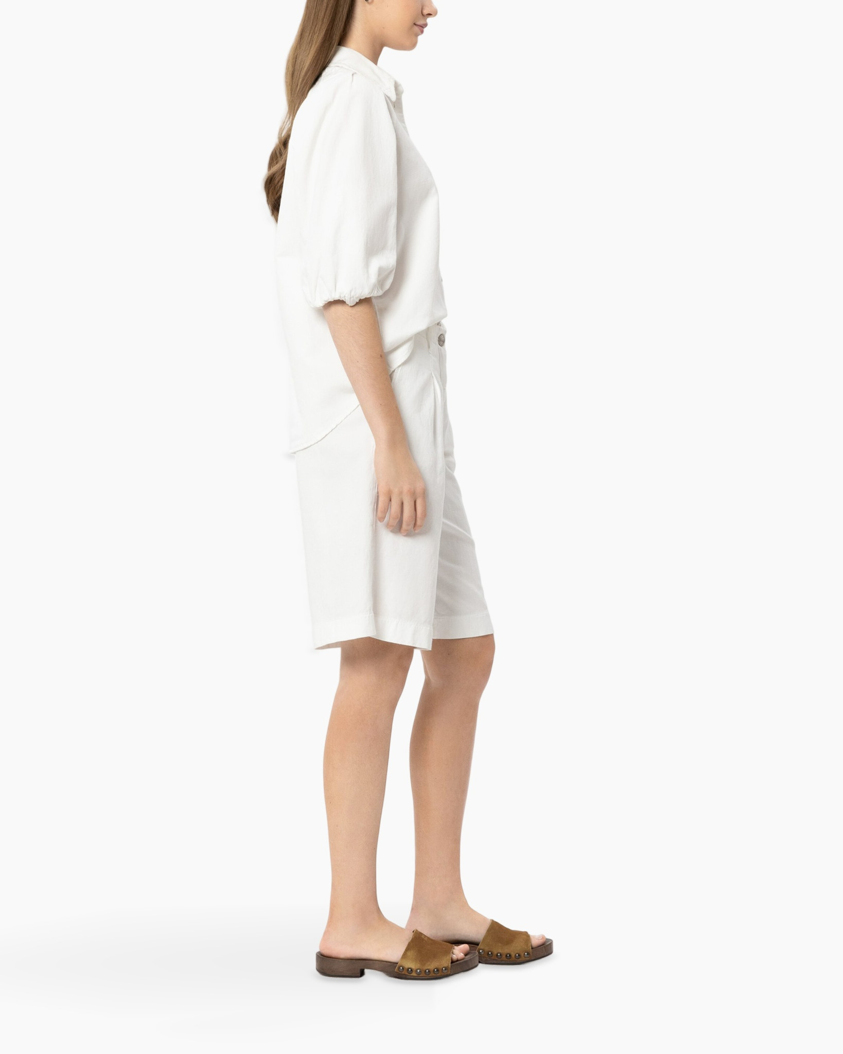 wit, linnen, shorts, shirt, mouwen-puff