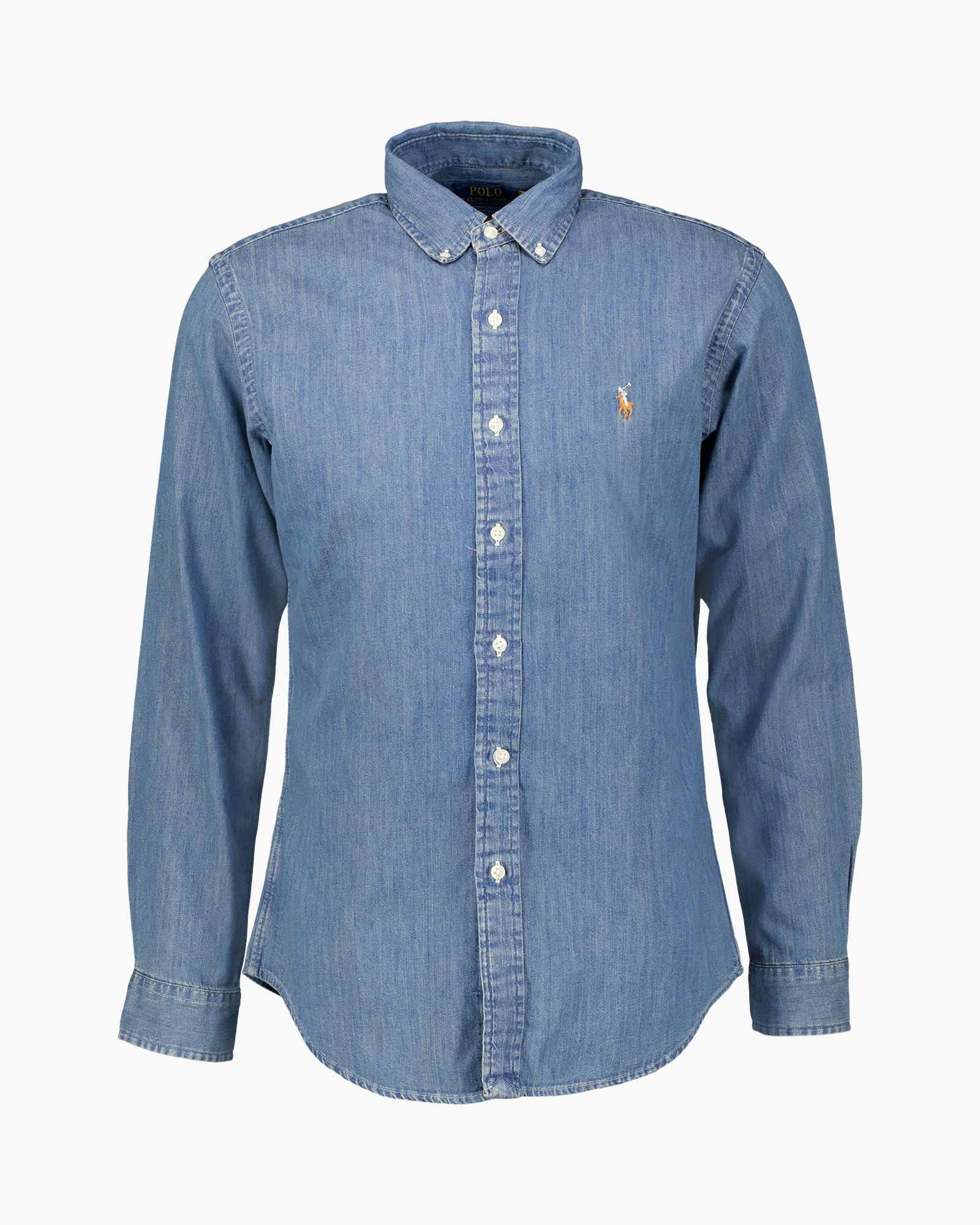 denim, hemd, lange mouwen, knopen-down, polo-paarden-logo