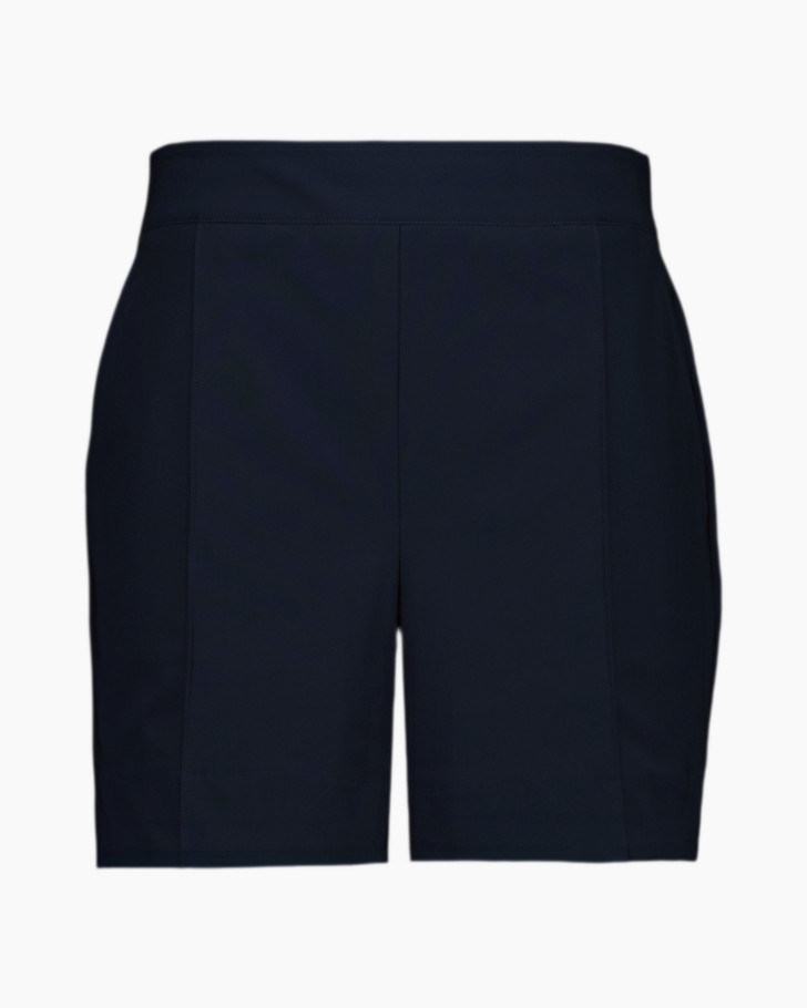 shorts, navy, high-waisted, solid, mid-thigh