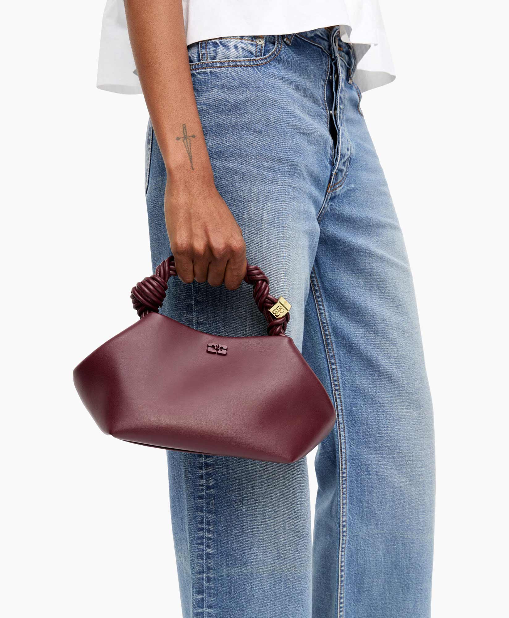 handbag, burgundy, top-handle, leather, minimalist