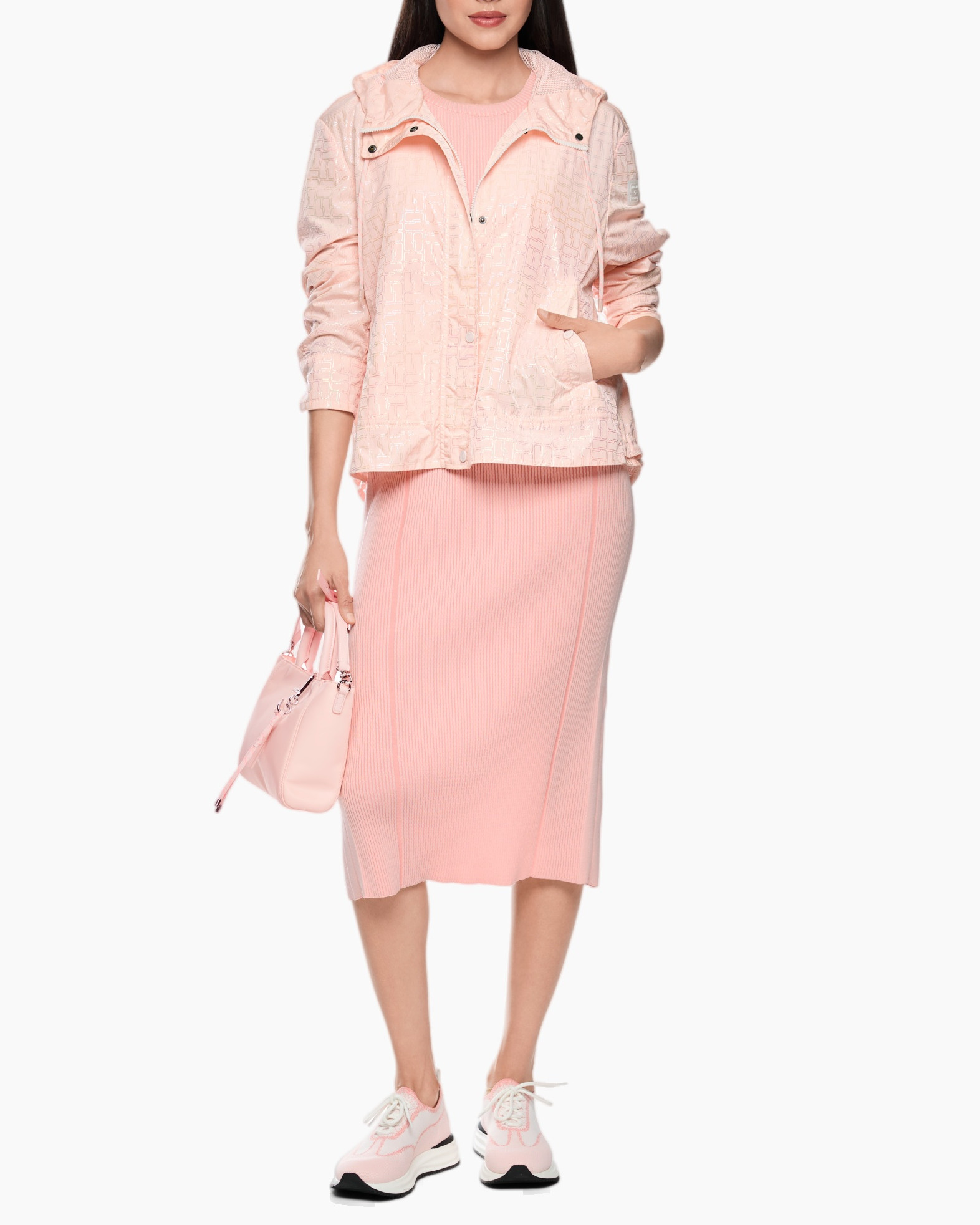 pink, jacket, skirt, pocket, handbag