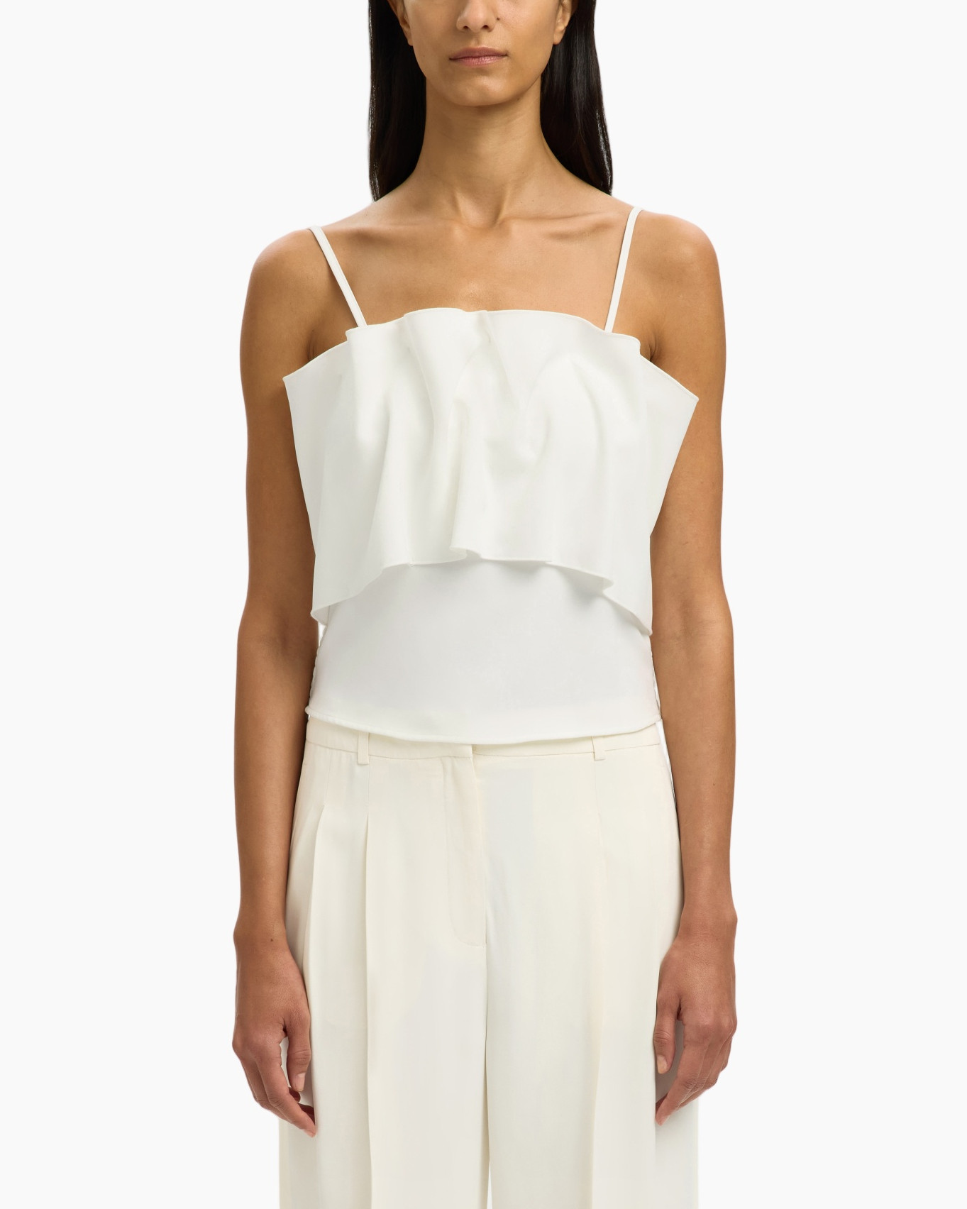 top, ruffled, spaghetti straps, wit, tanktop