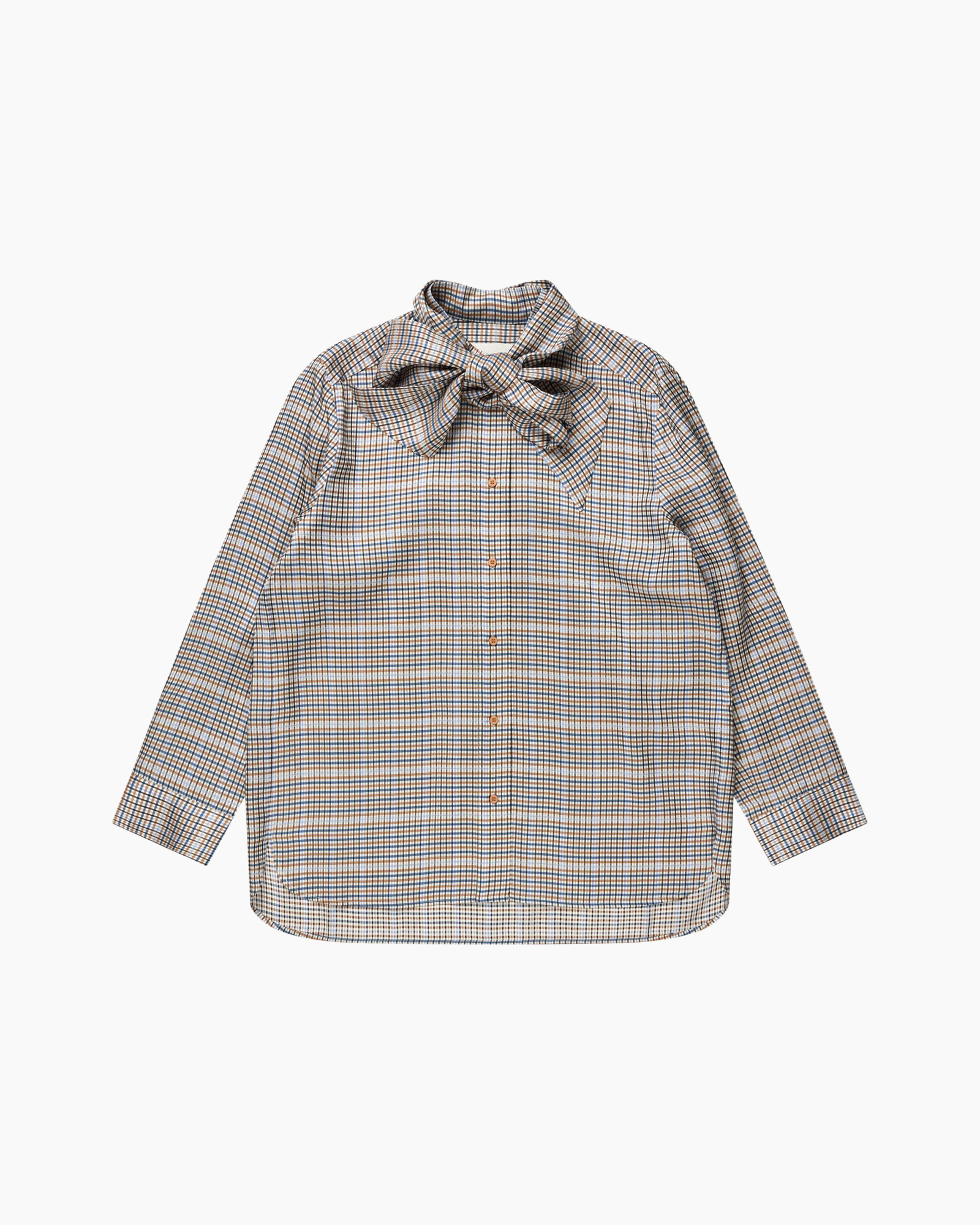lene plaid, knopendown, langer mouw, kraag, strik