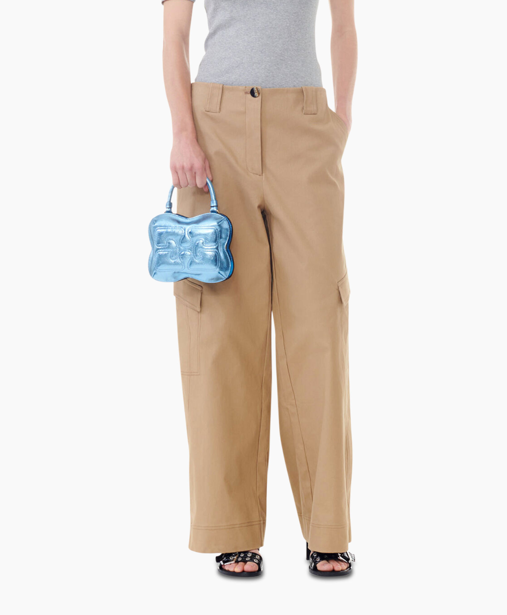 Cargobroek Herringbone Canvas Mid Waist Beige