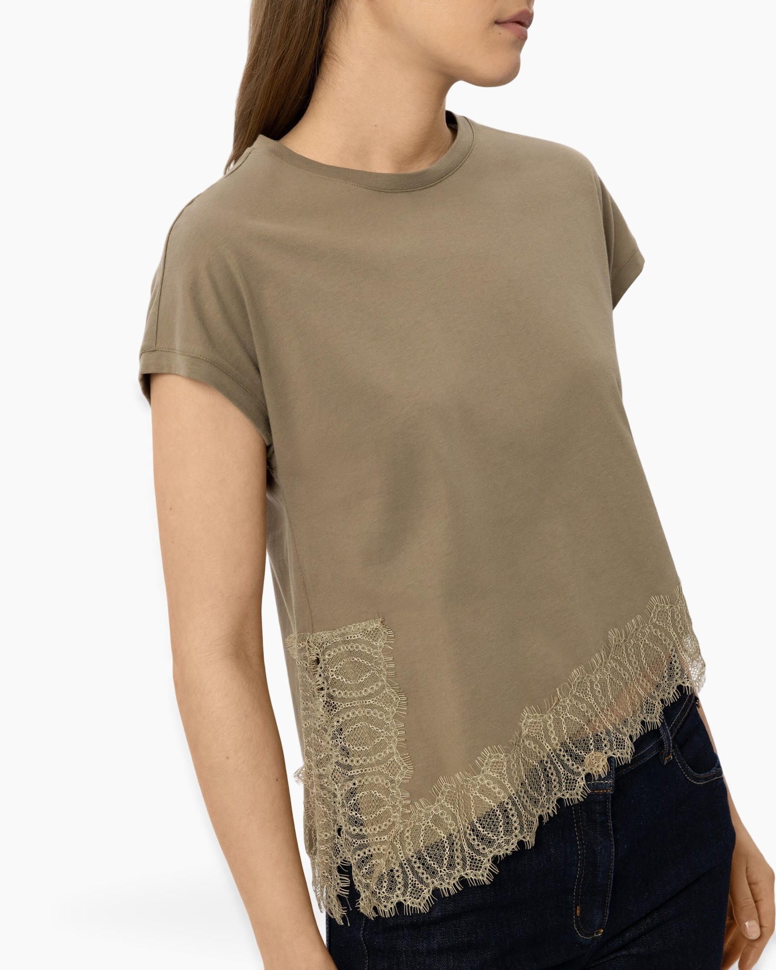 t-shirt, mouwloos korte, beige, kantzoom, casual top