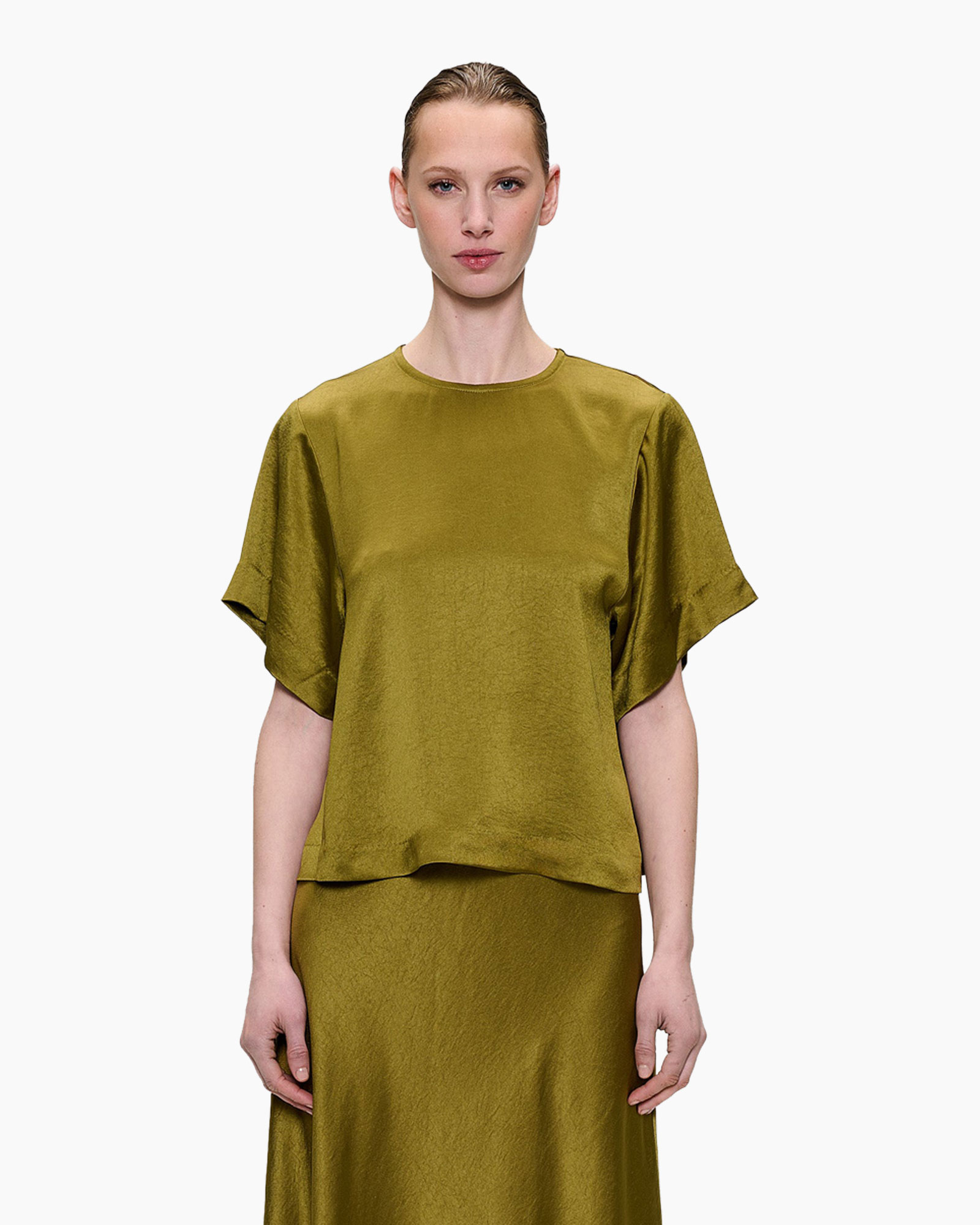 top, short sleeve, olive, silk, tunic