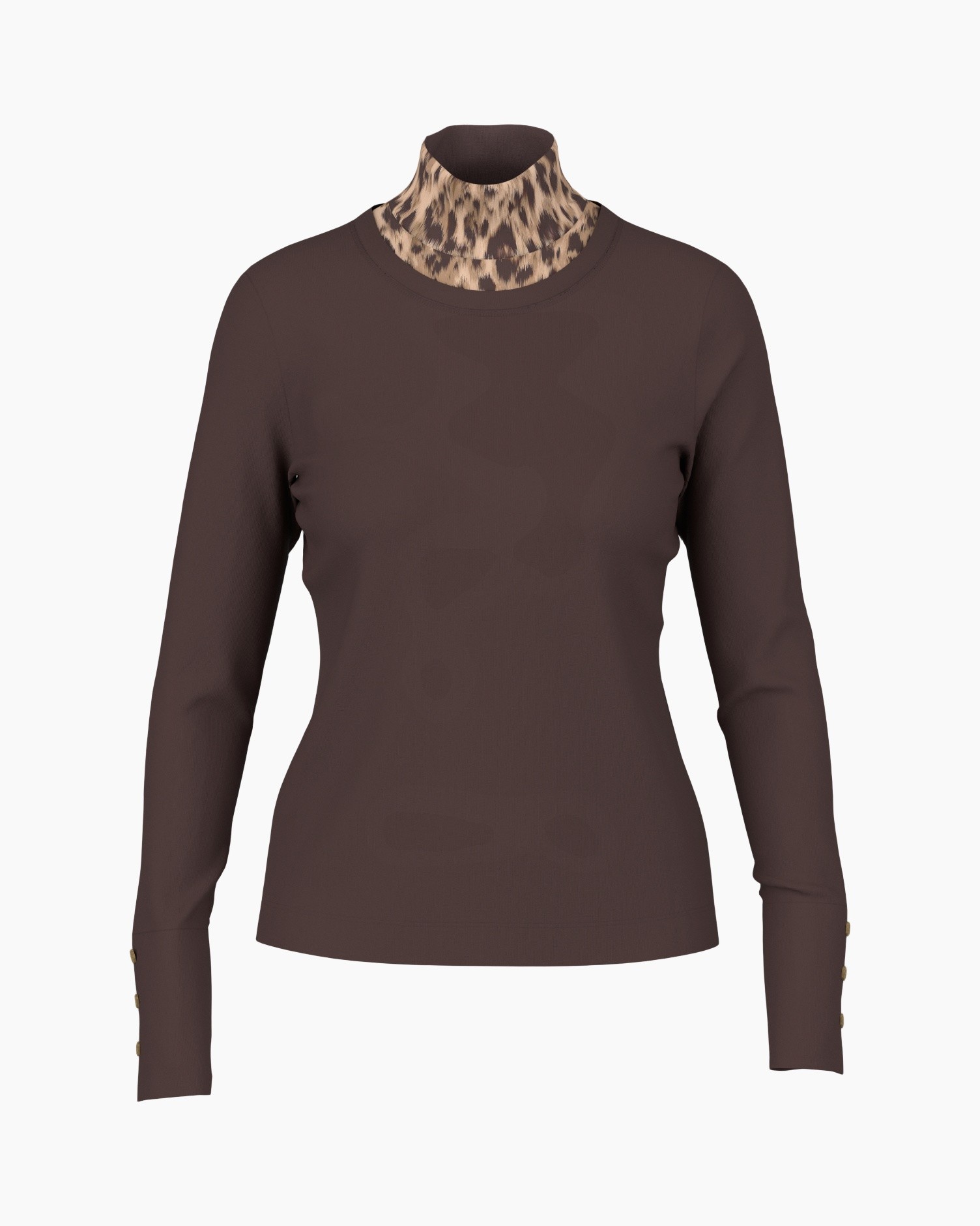 rolkraag, lange mouw, bruin, luipaard patroon accenten, effen kleur
