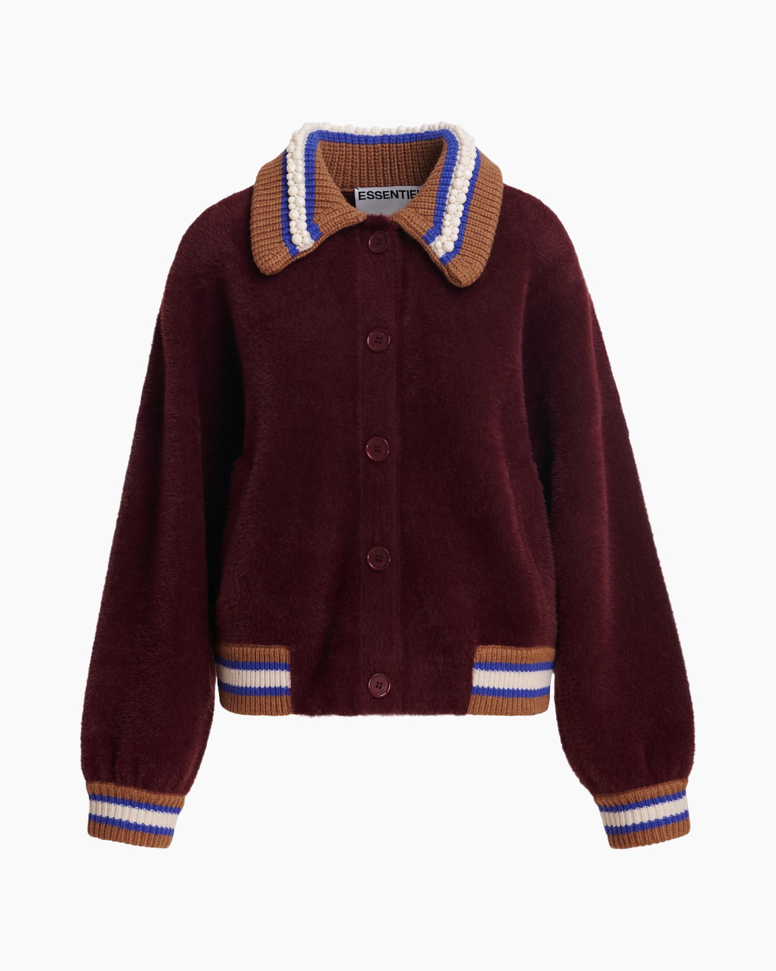 cardigan, burgundy, breip, knoop, gestreepte rand