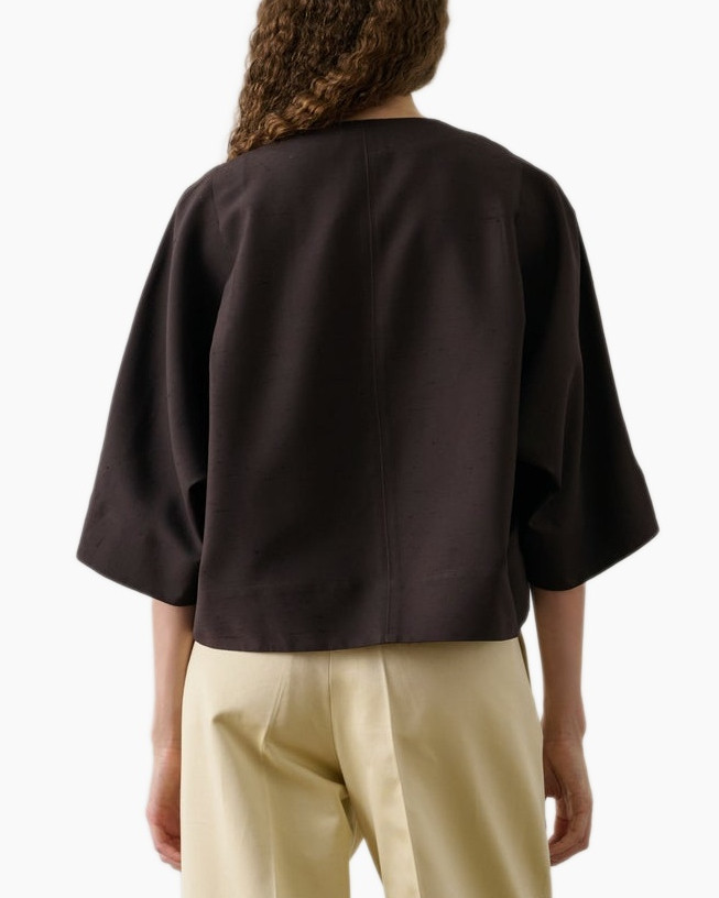 top, blouse, losse pasvorm, donkerbruin, korte mouwen