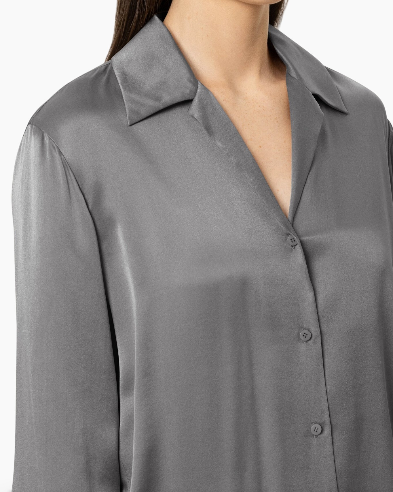 zijde, blouse, knopsluit, grijs, kraag