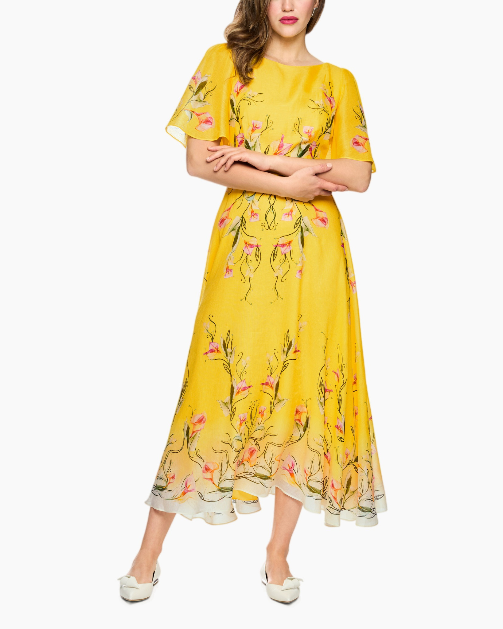 jurk, geel, bloemendessin, middellange, borduurwerk