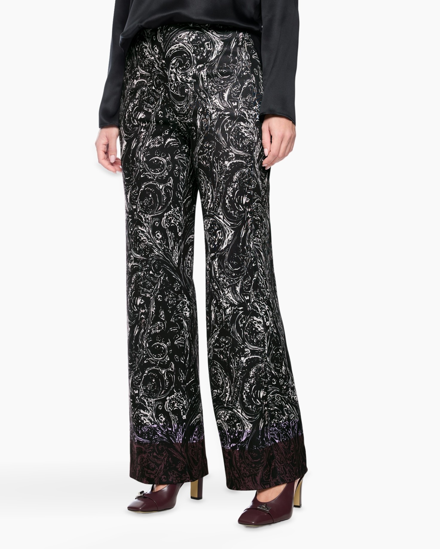 broek met wijde pijpen, palazzo broek, paisley patroon, zwart wit, enkellengte