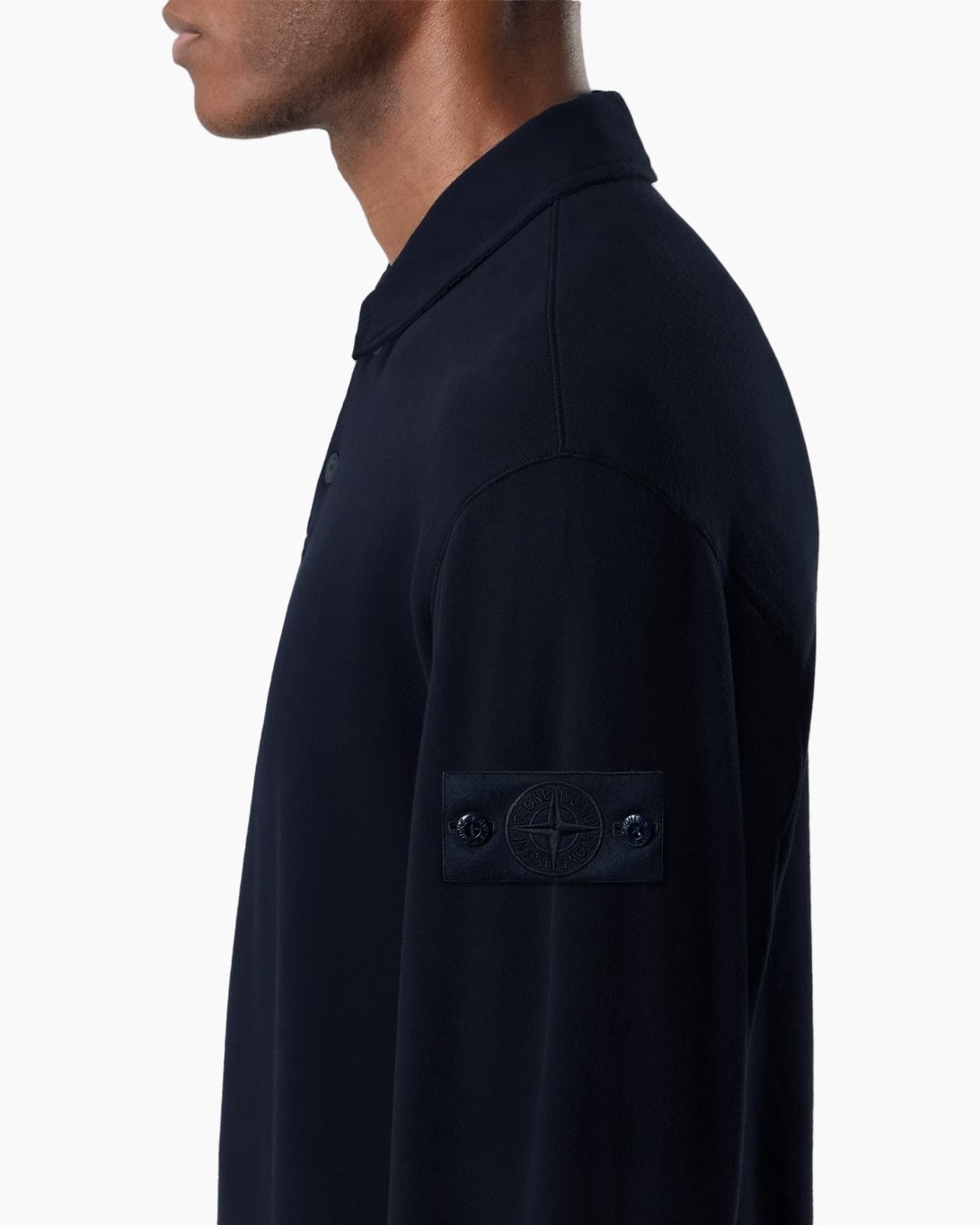 poloshirt, marineblauw, langer mouw, patchzak, knopenbadge