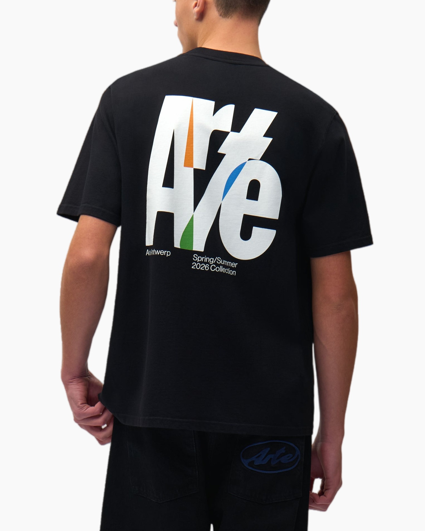 t-shirt, kortmouw, zwart, kraagloos, casual