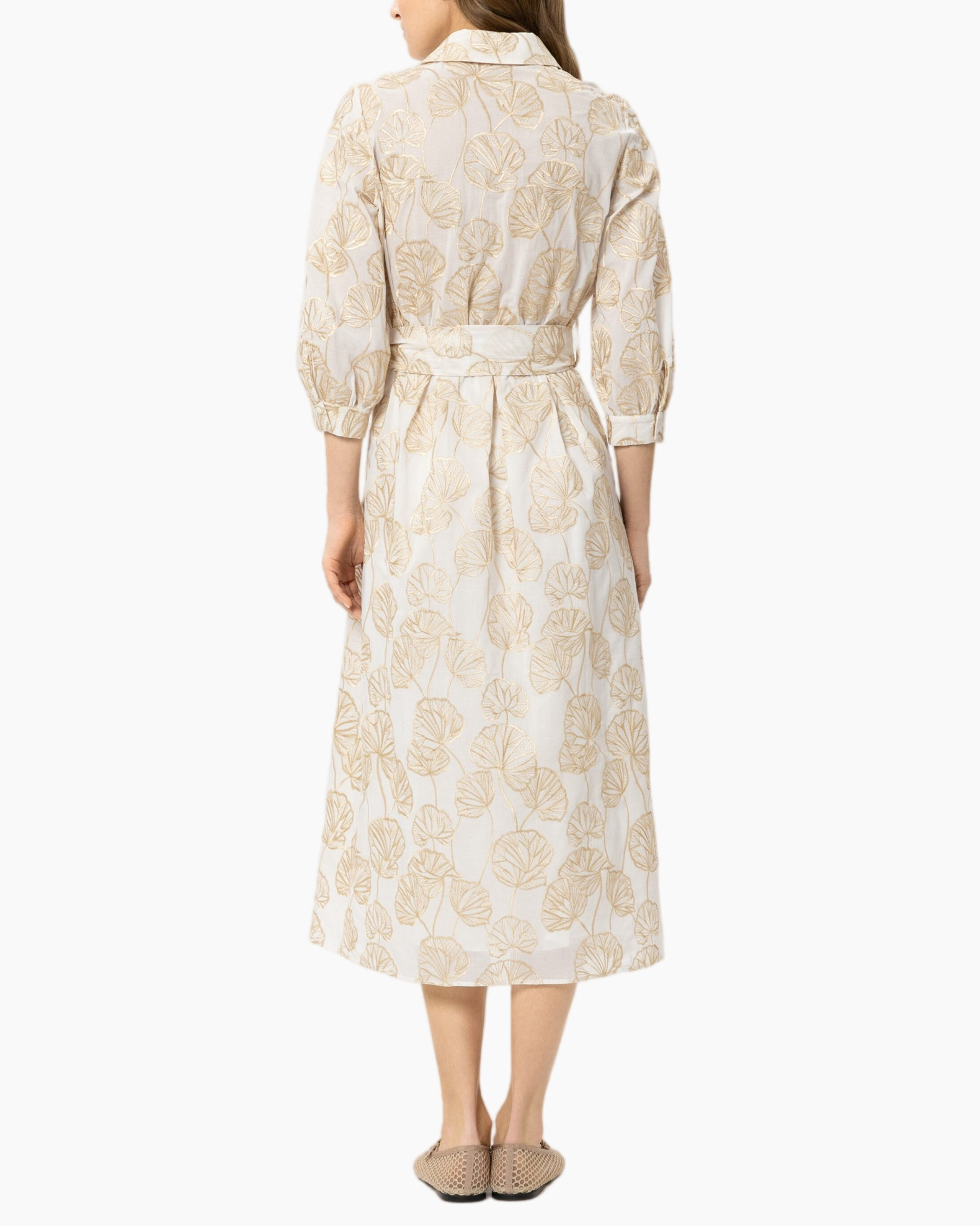 jurk, midi, kraag, riem, bladprint