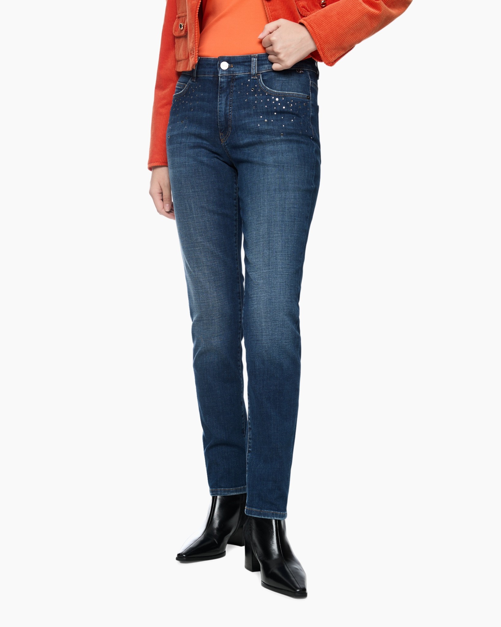 jeans, denim, recht model, donkergroen wash, versierde zakken