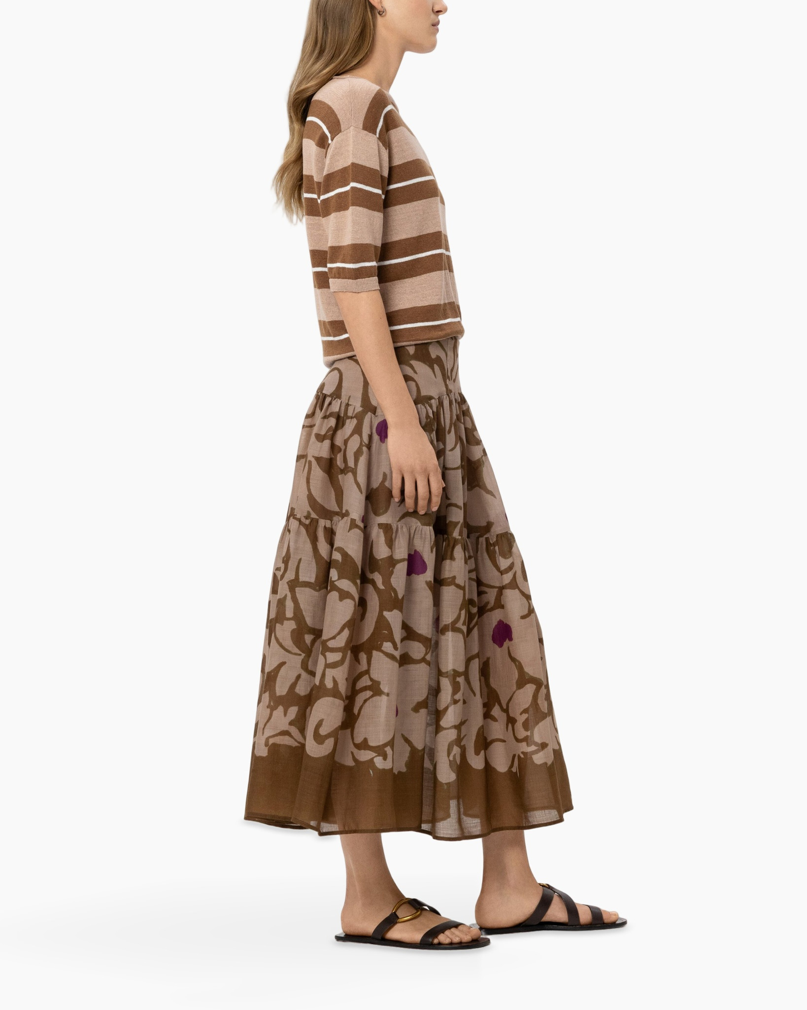 gebreide trui, gestreept top, bruine tinten, enkelrok, bloemenpatroon