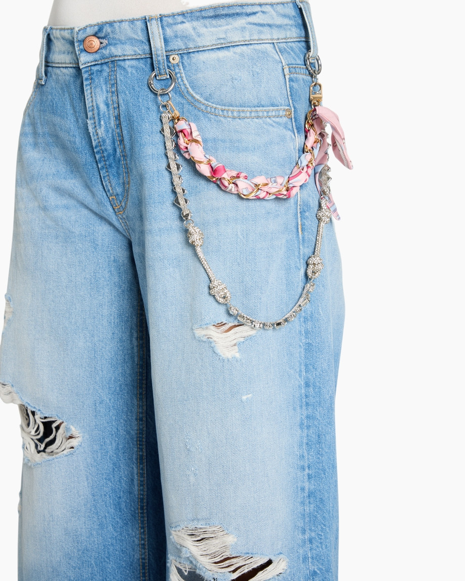 denim, jeans, distressed, chain, pocket embellishment
