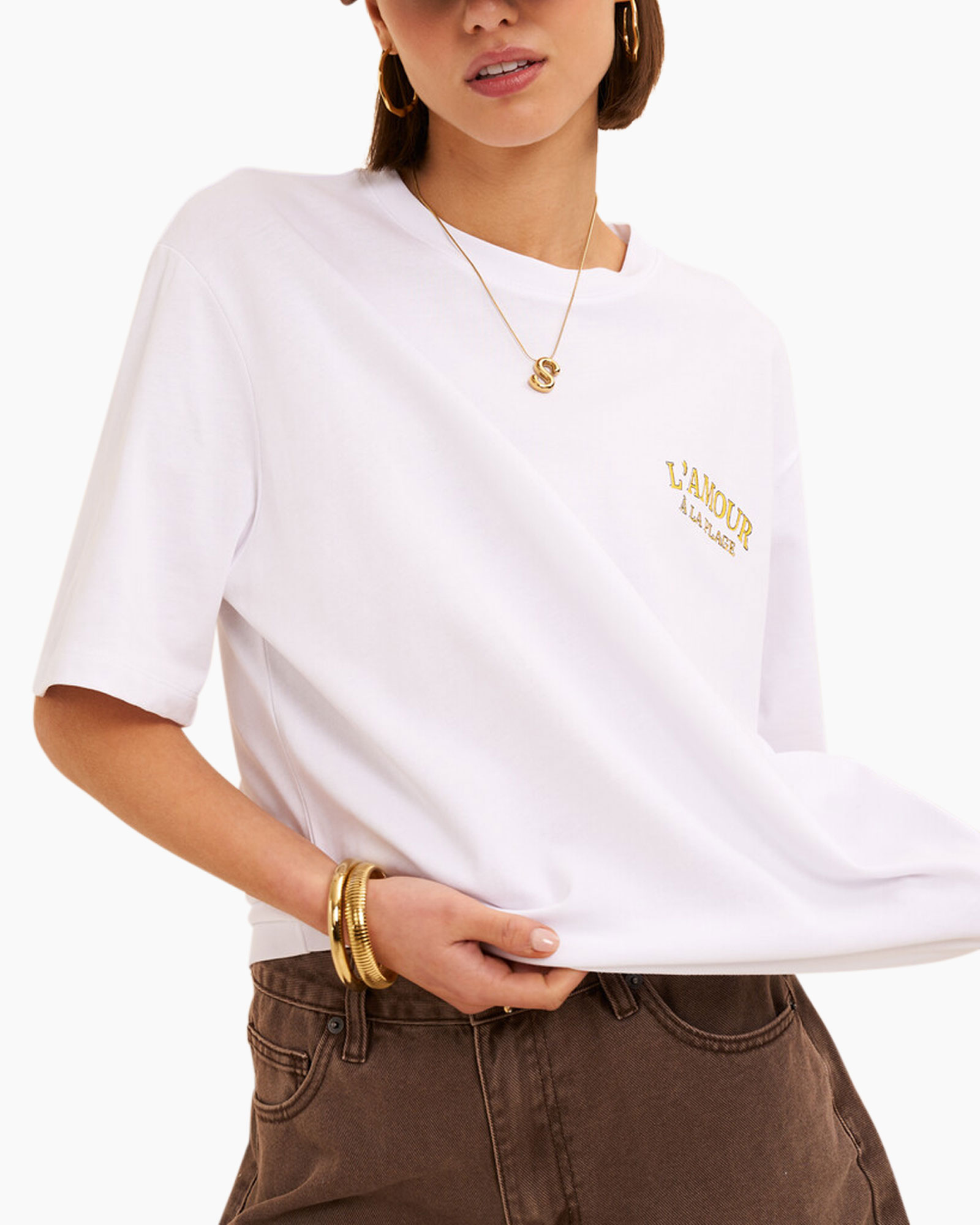 tshirt, white, short sleeve, gold print, l'amour small
