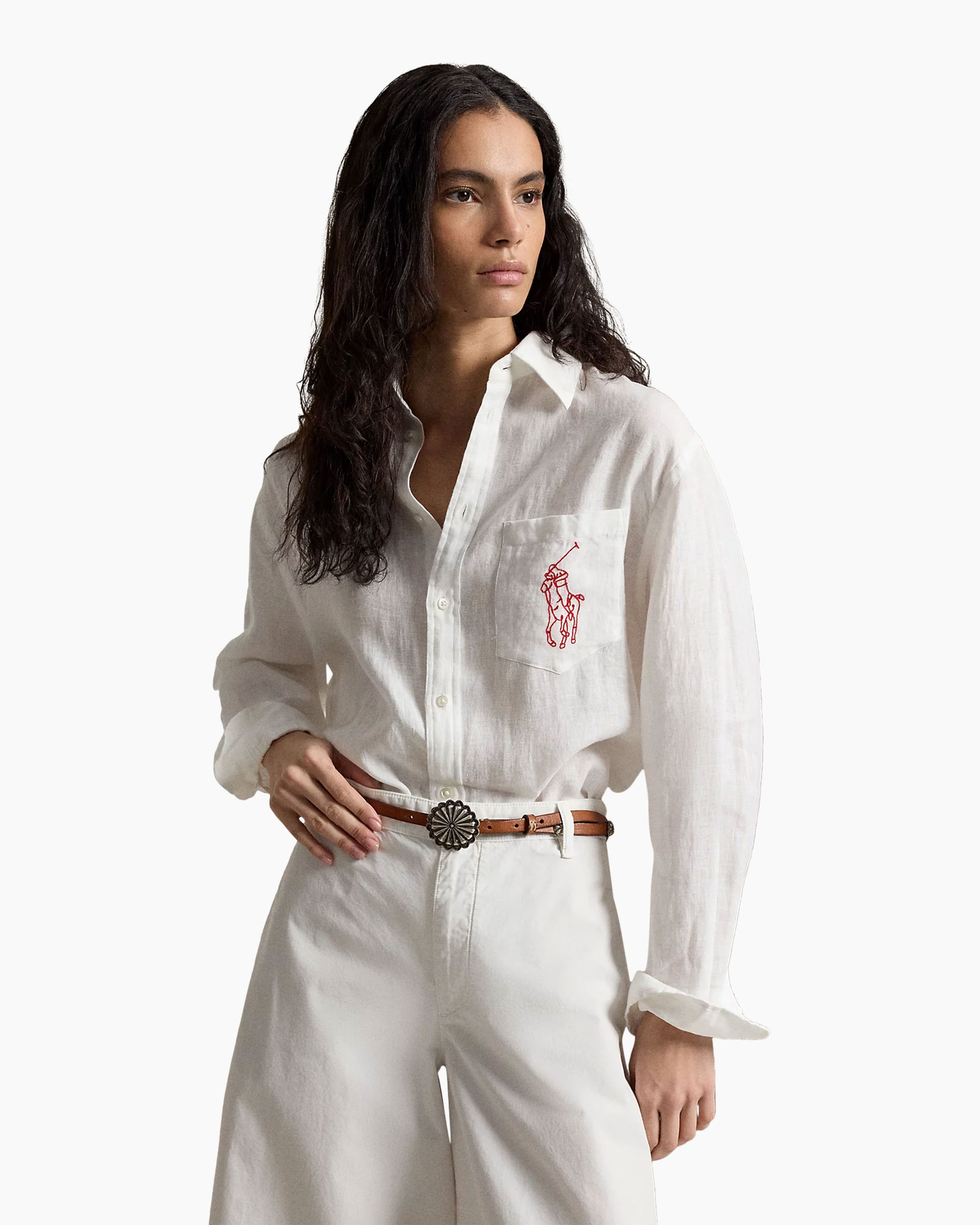 white shirt, linen shirt, long sleeve, pocket logo, belted outfit