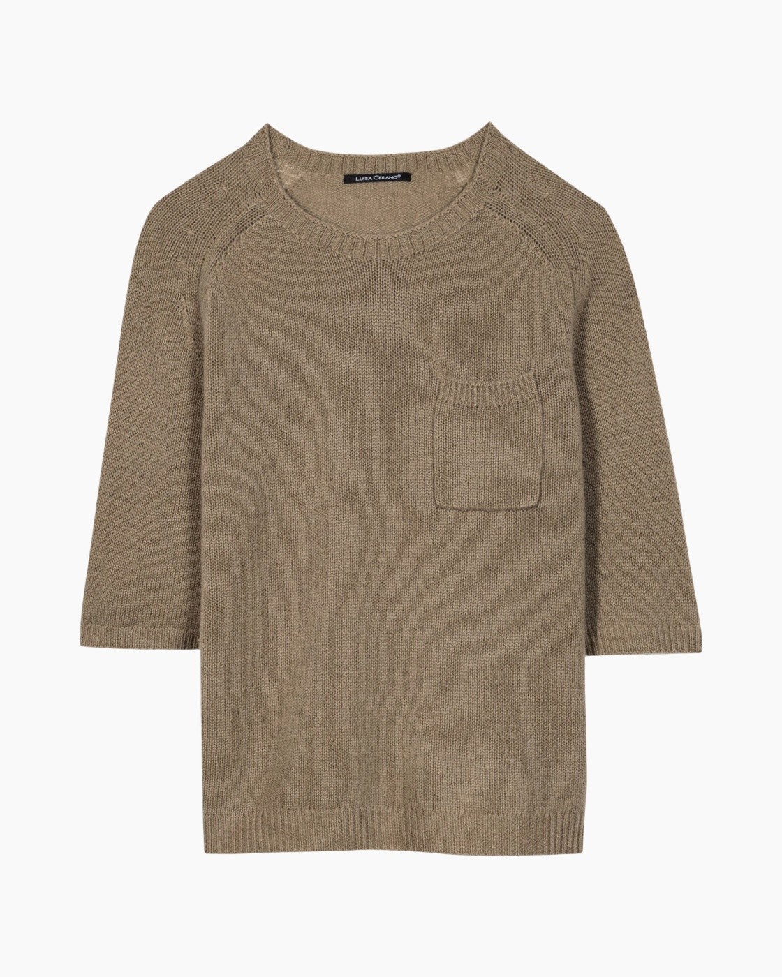 sweater, brei, kraagindeling, zak, beige