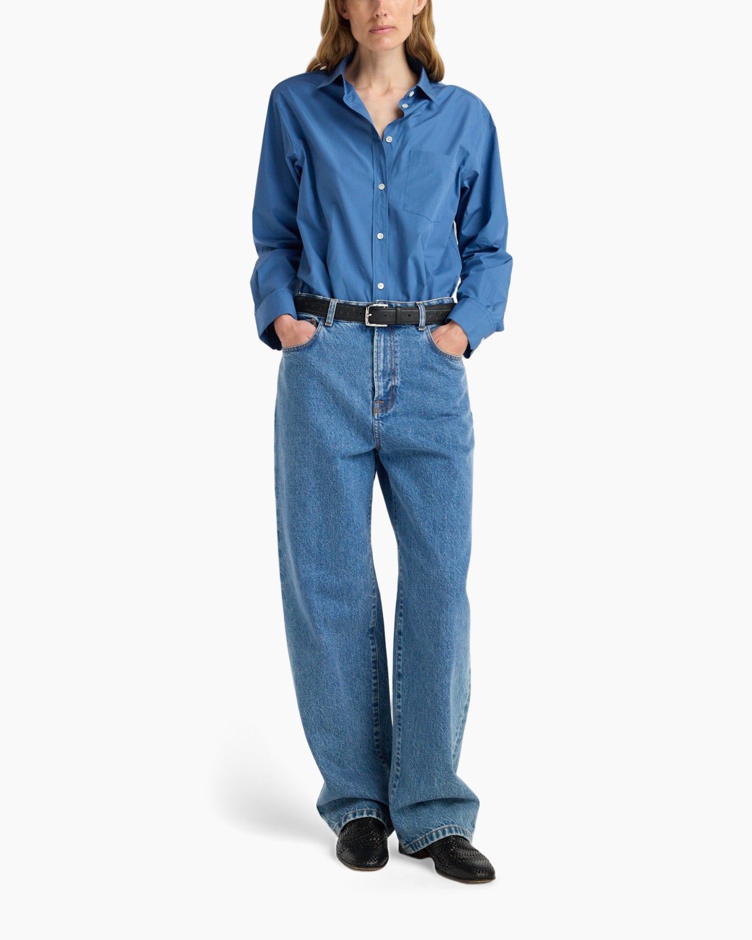 blau shirt, knop-down, gekraagd, lange mouwen, denim jeans