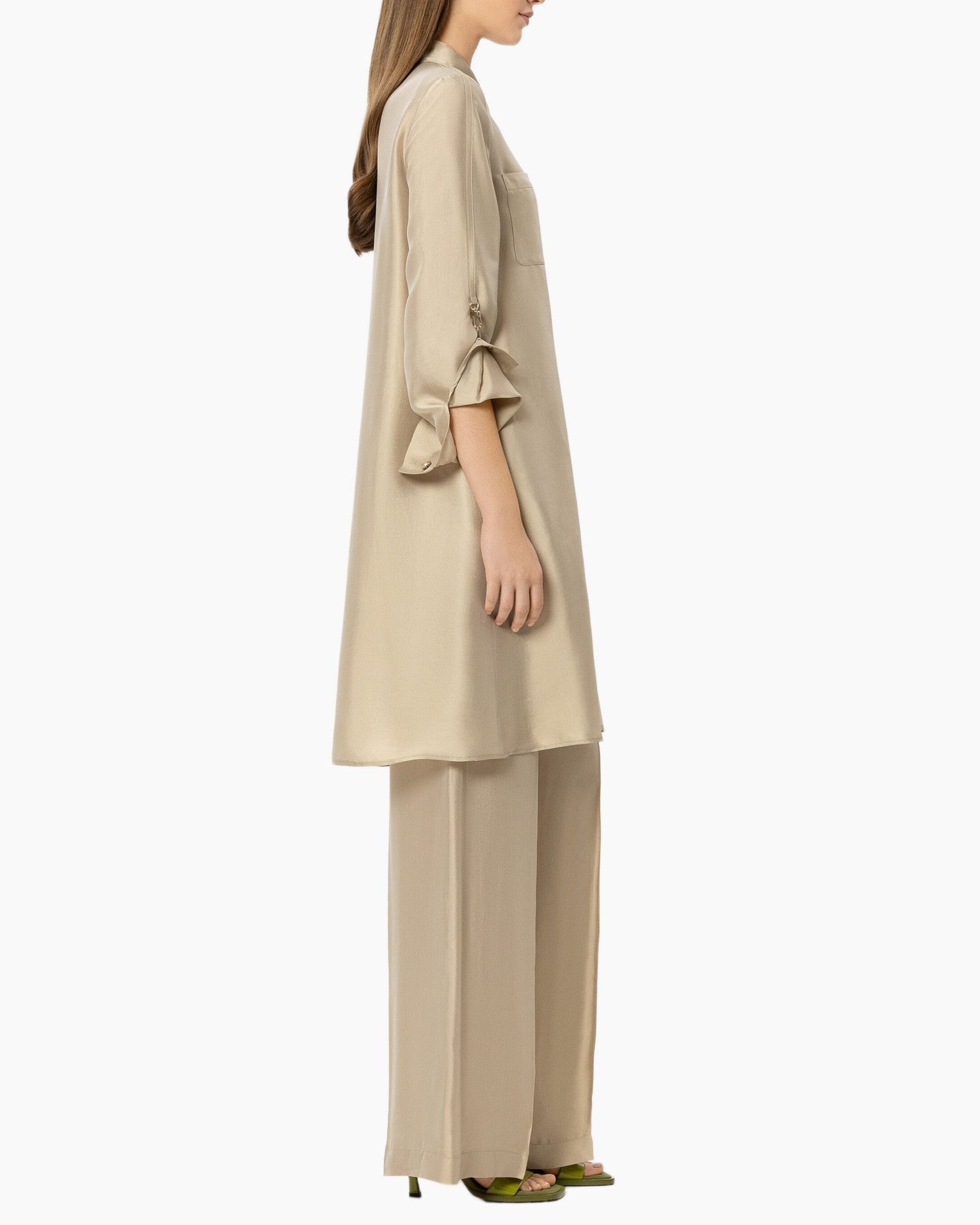 beige dress, long tunic, pocket,  rolled sleeve, silky fabric