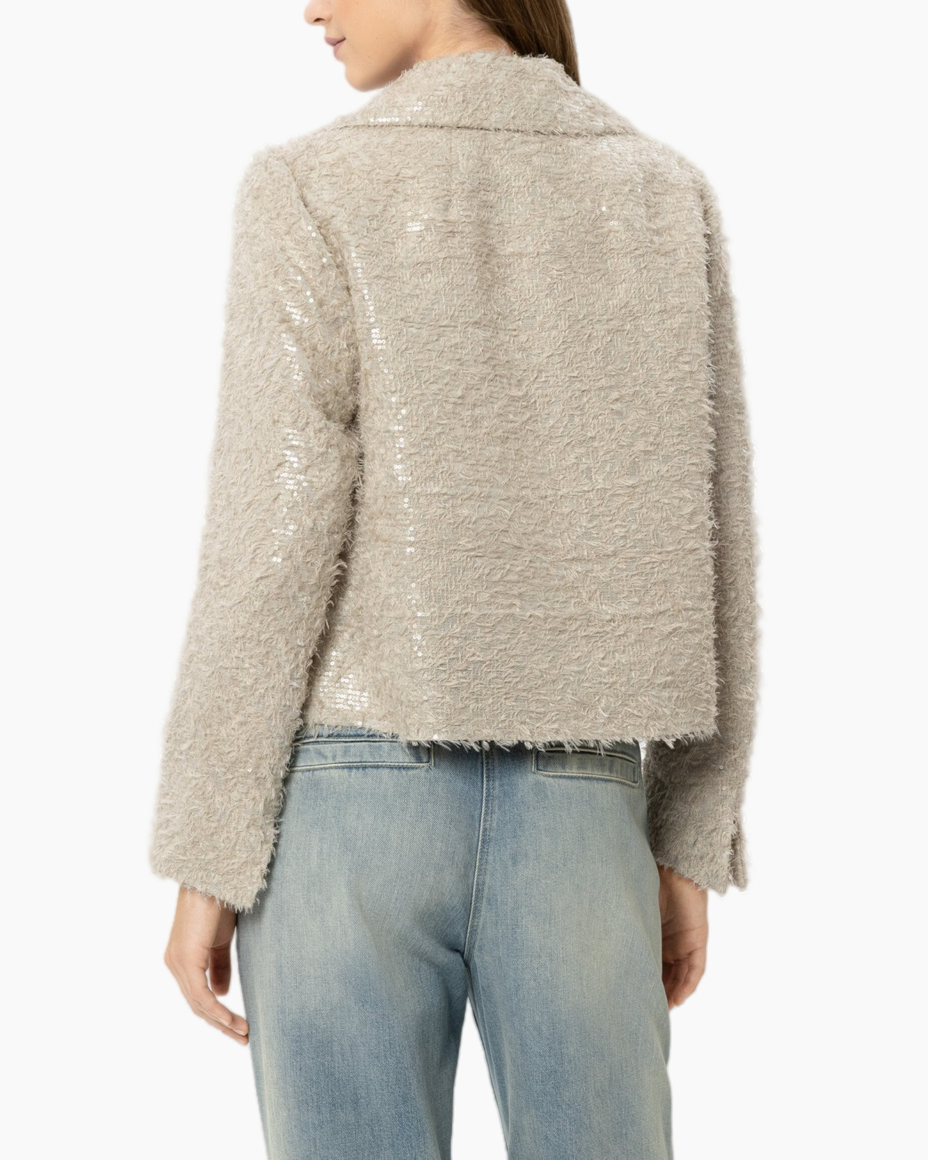 sequined jacket, beige boucle, blazer, cropped jacket, textured coat