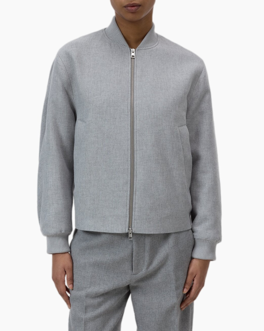 jas, grijs, rits, kraagloze, trui-achtig