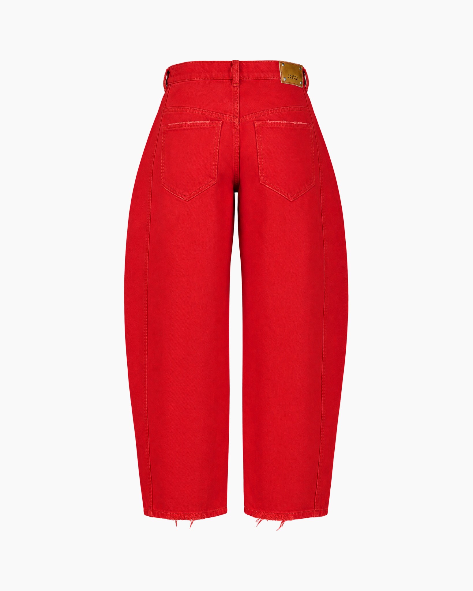 spijkerbroek, rood denim, wijde pijpen, hoge taille, rafelzoom