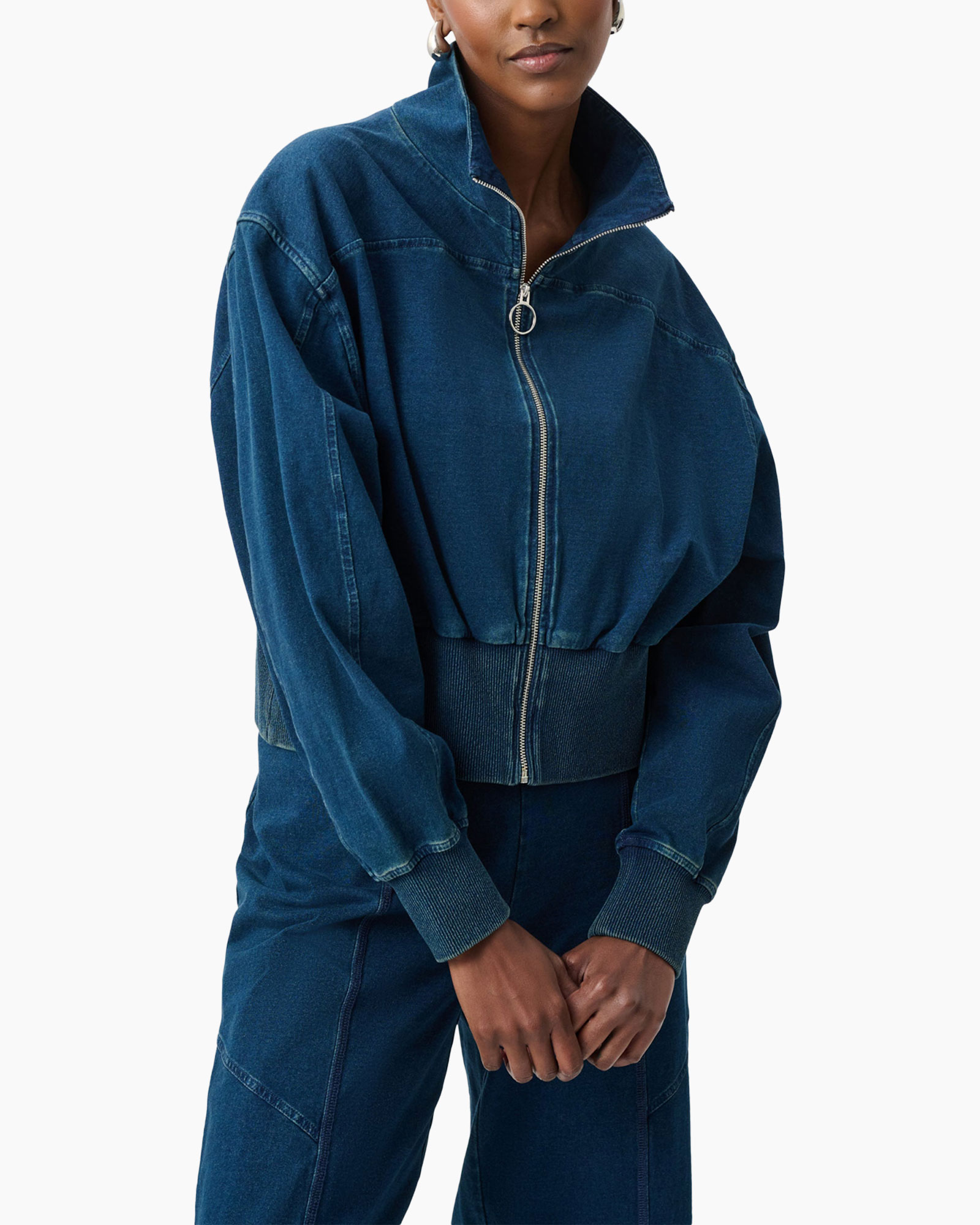 denim, jasje, Rits, hoge kraag, ribgebreide zoom