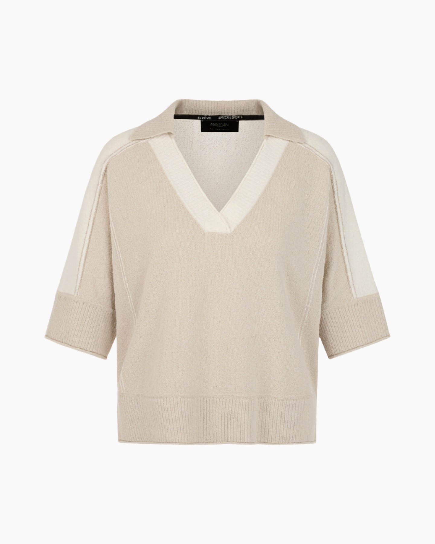 halslijn v, trui, breiwerk, beige, mouwomslag
