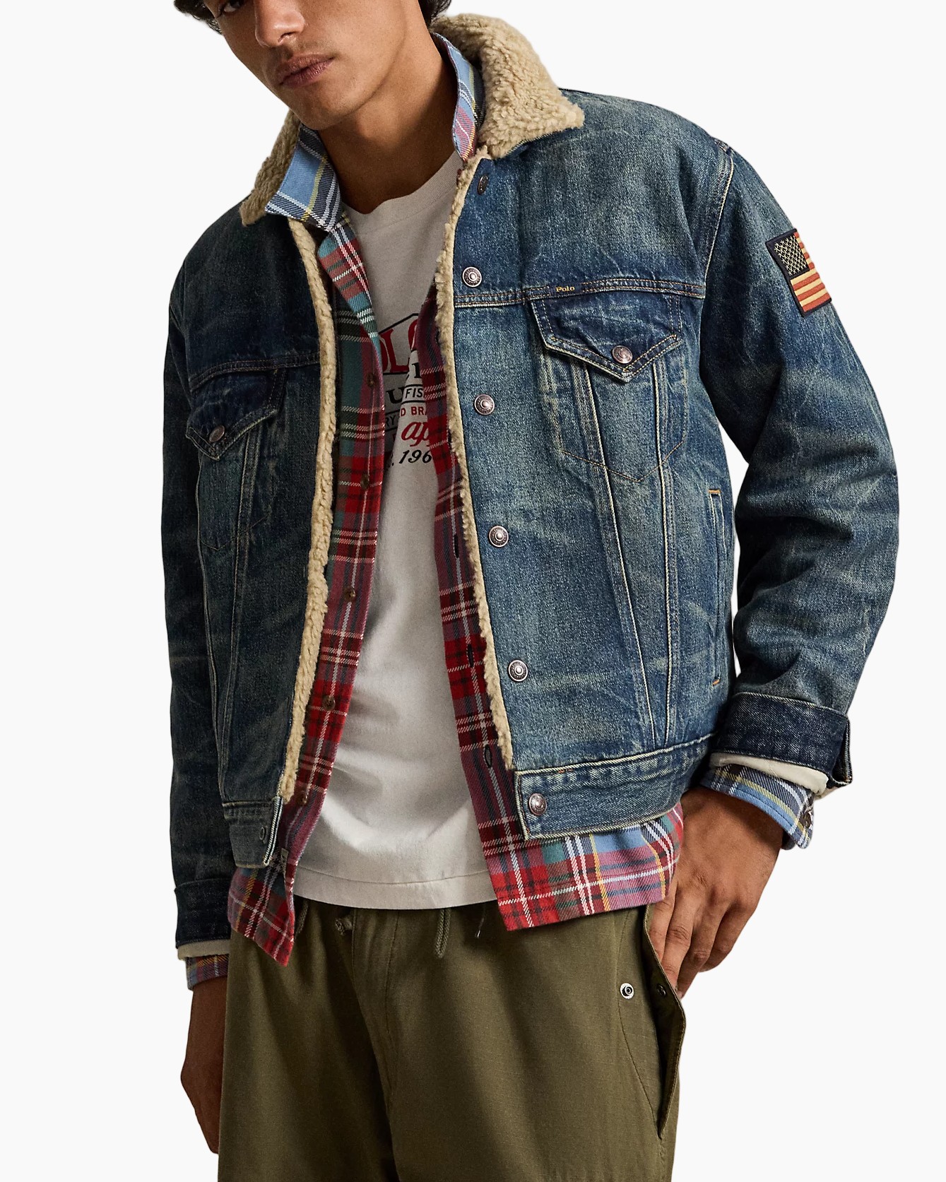 spijkerjack, bont leren jack?, shearling, plaid laag, vlag patch