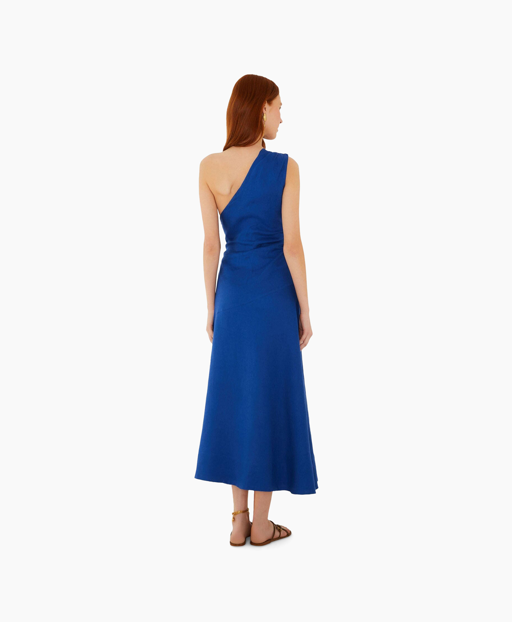 jurk, een-schouder, blauw, maxi, geborduurd