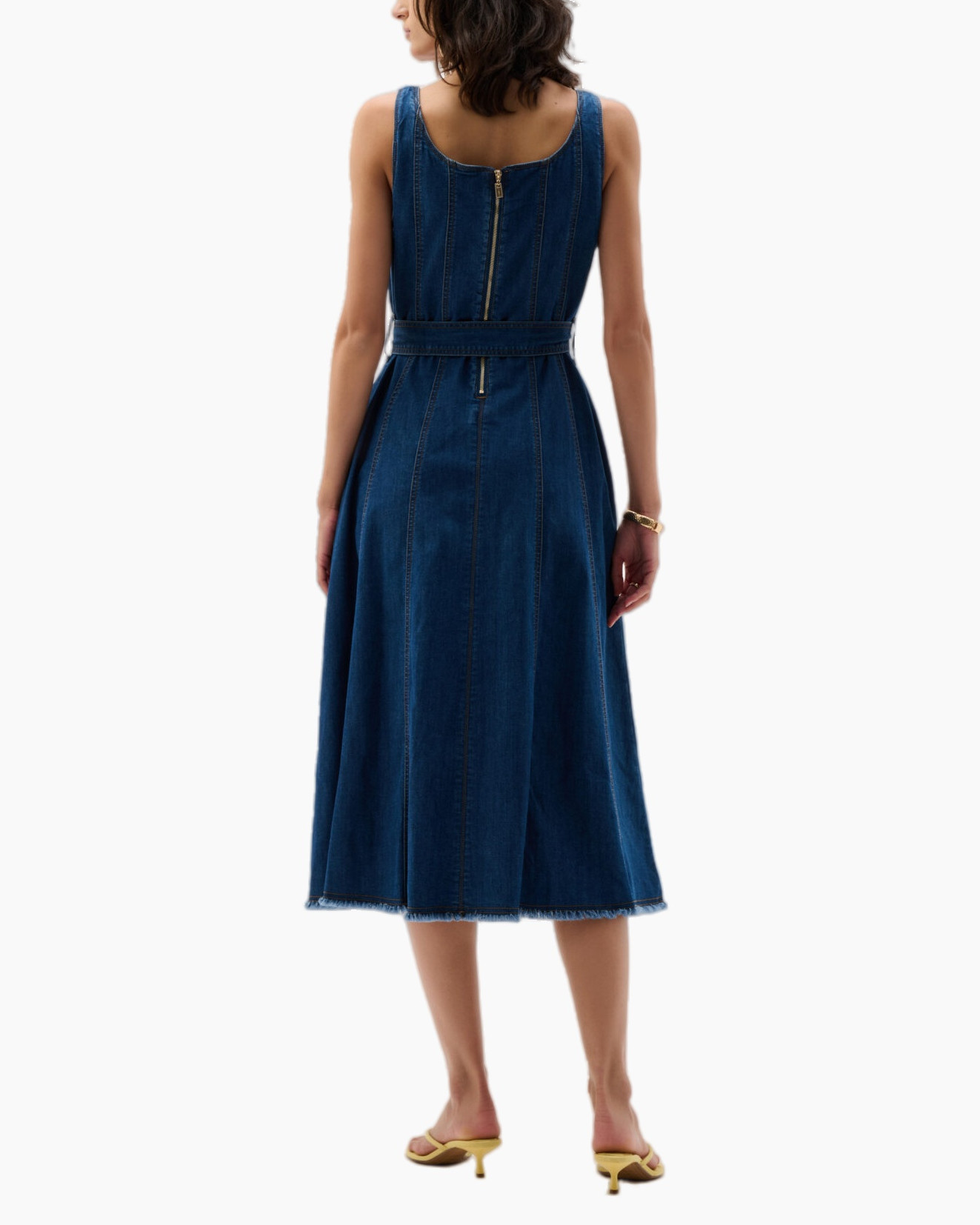 denim dress, sleeveless, belted, mid-length, jeans fabric