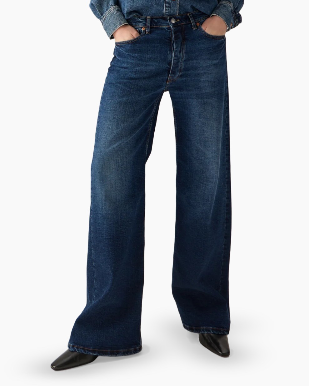 denim jeans, wijdere pijp, blauw, zakken, rechte pijp