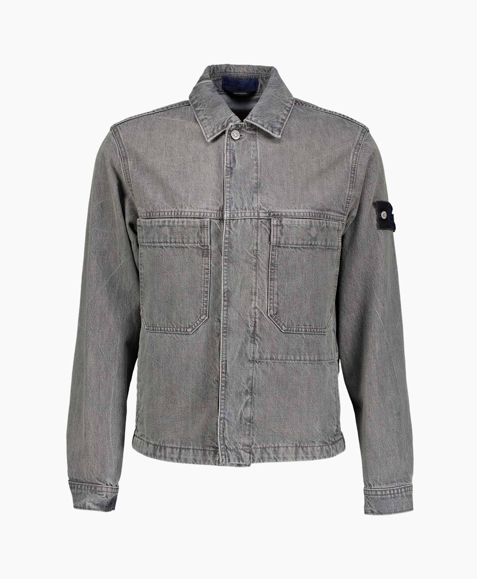 denim, jas, grijs, twee-tonig, zakken