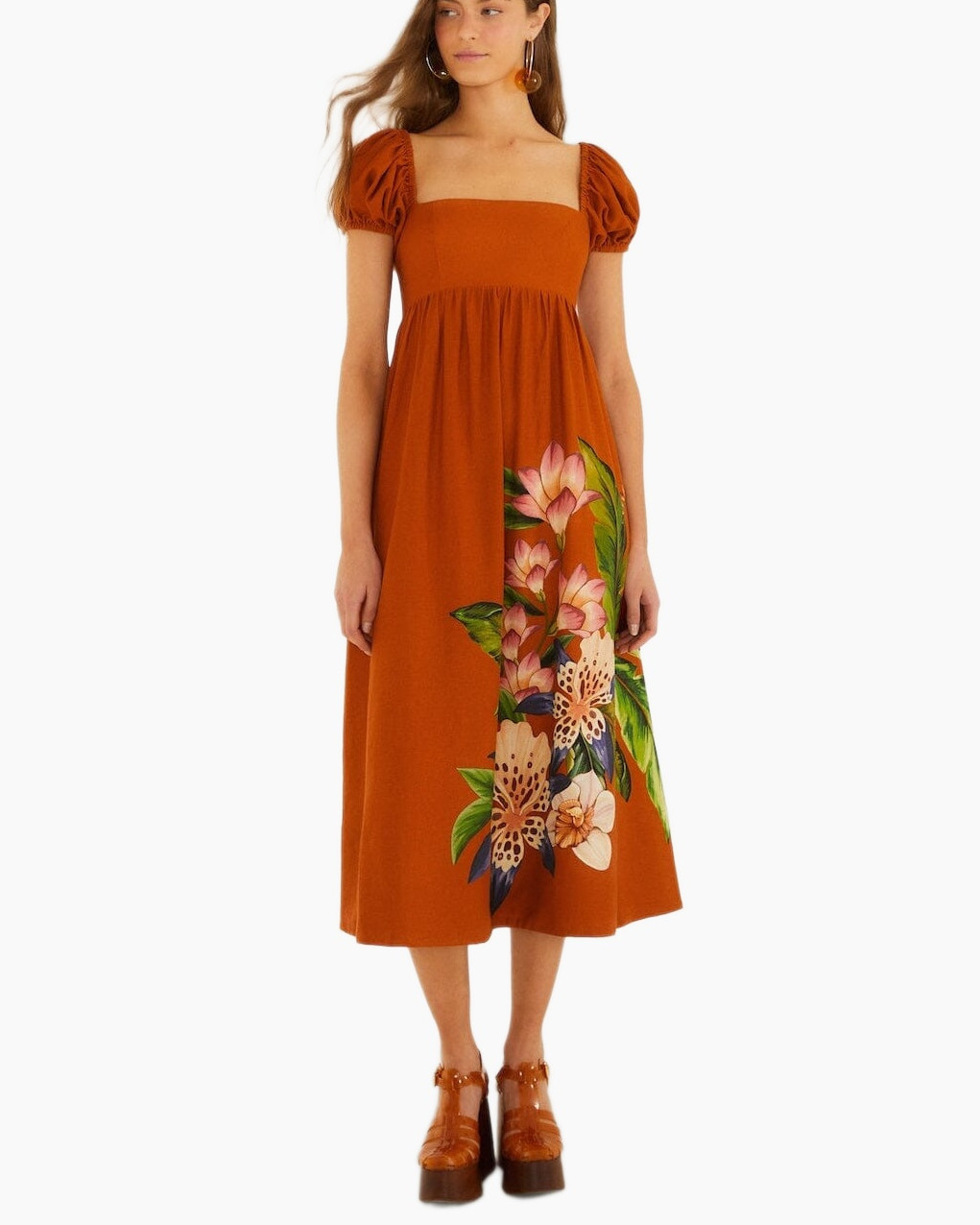 maxi dress, orange, floral print, short puff sleeves, mid-length