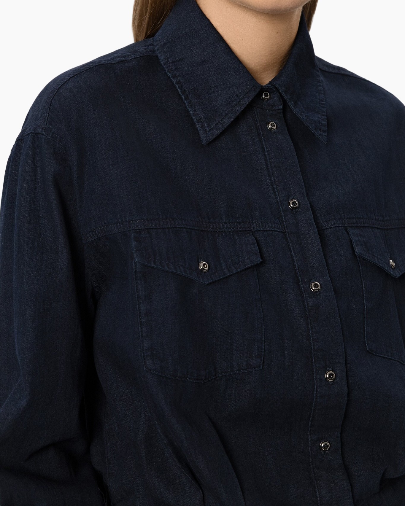 hemd, denim, knopen-overhemd, kraag, zakken